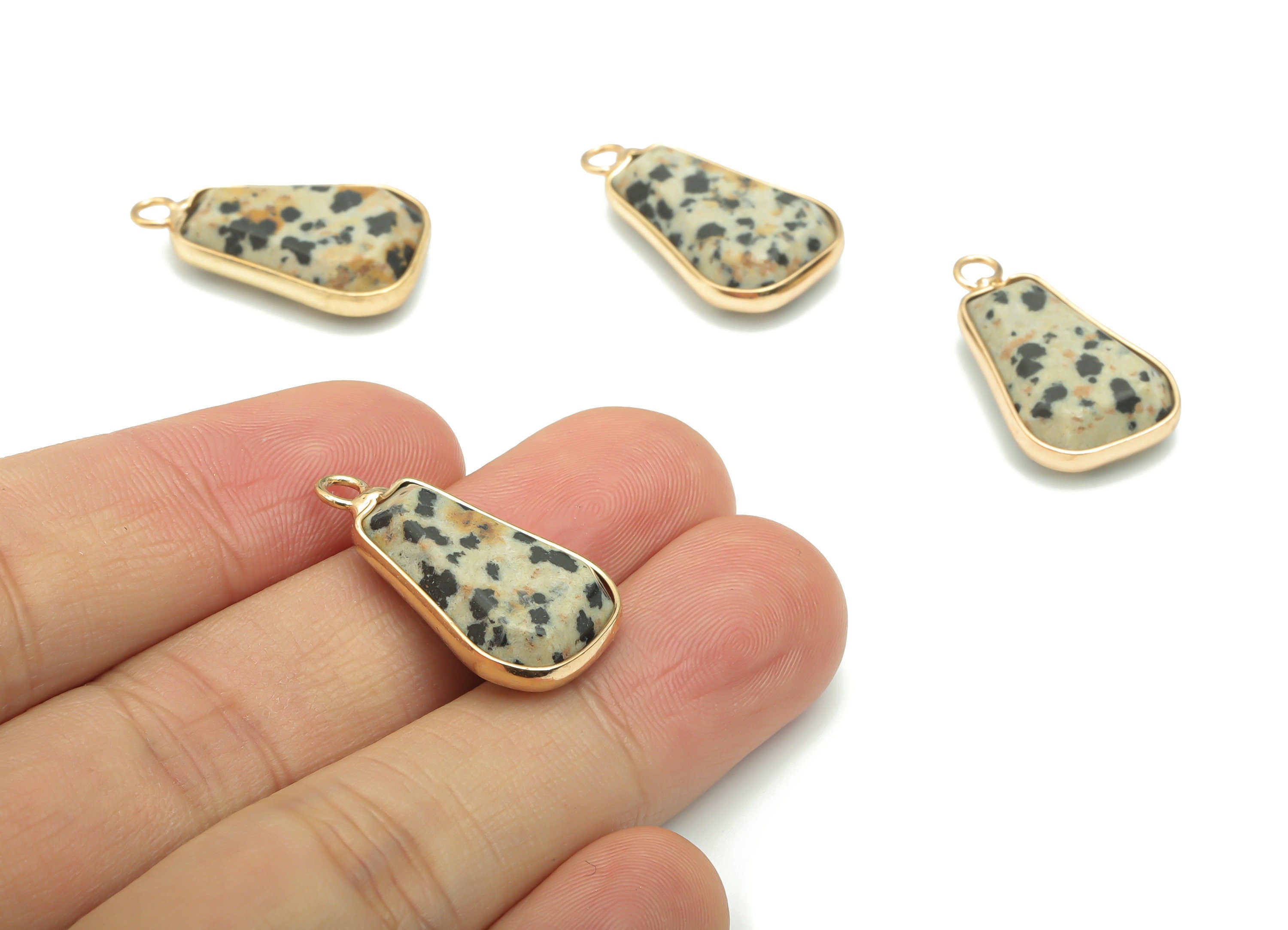Dalmatian Jasper Faceted Natural Stone Drop Earring Charms - Brass Teardrop Pendant - Gold Tone Plated Brass – 25.12x14.13x5.86mm – NS1665B - DOMEDBAZAAR