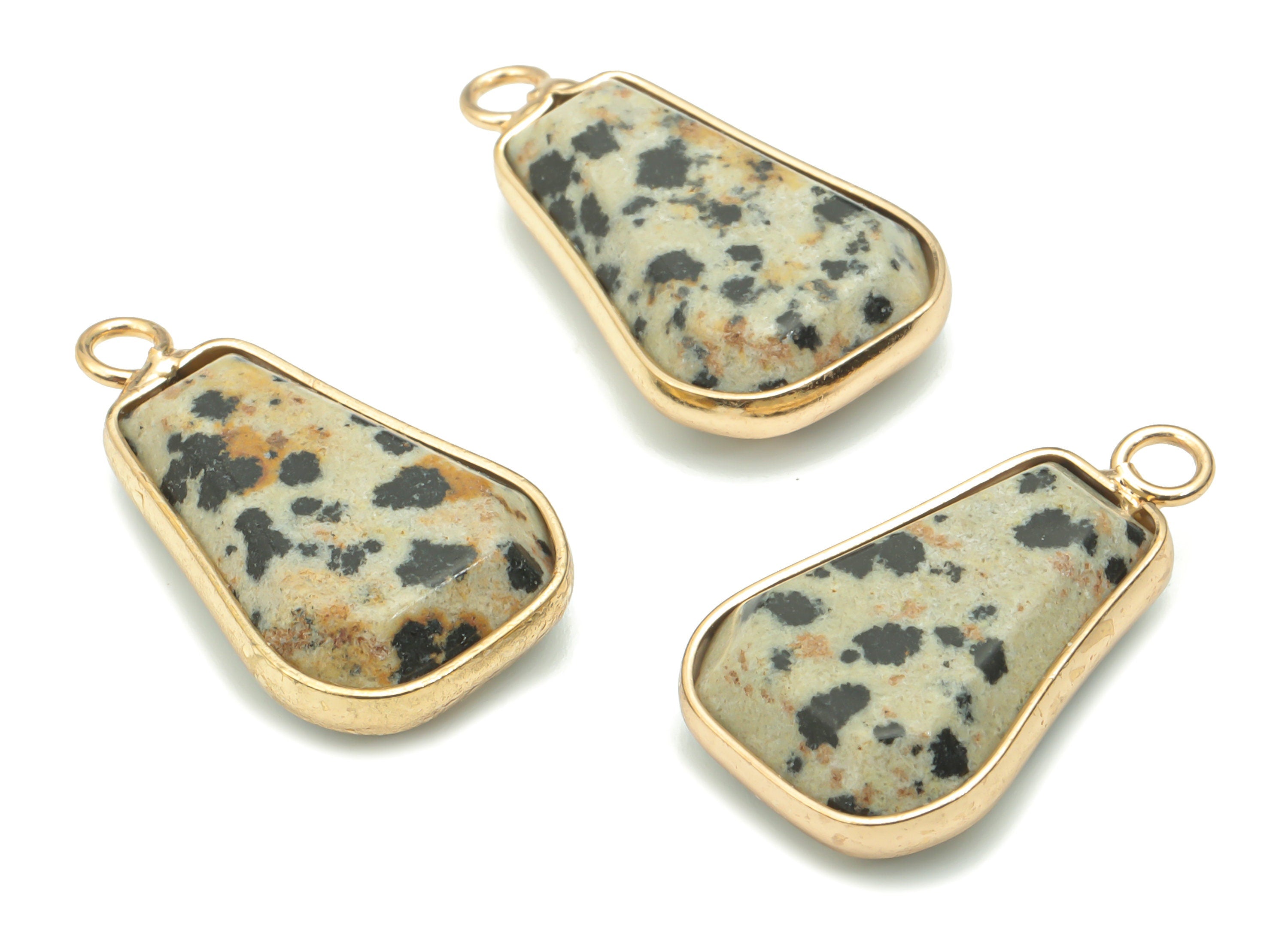 Dalmatian Jasper Faceted Natural Stone Drop Earring Charms - Brass Teardrop Pendant - Gold Tone Plated Brass – 25.12x14.13x5.86mm – NS1665B - DOMEDBAZAAR