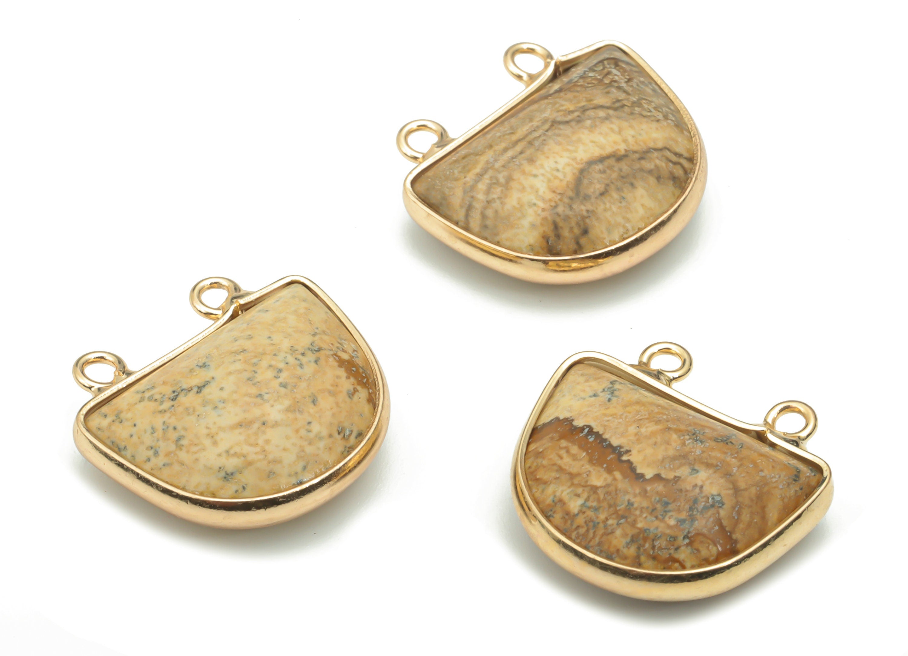 Picture Jasper Natural Stone Domed Earring Connectors - Brass Semicircle Pendant - Gold Tone Plated Brass – 16.67x17.88x6.29mm – NS1658B - DOMEDBAZAAR