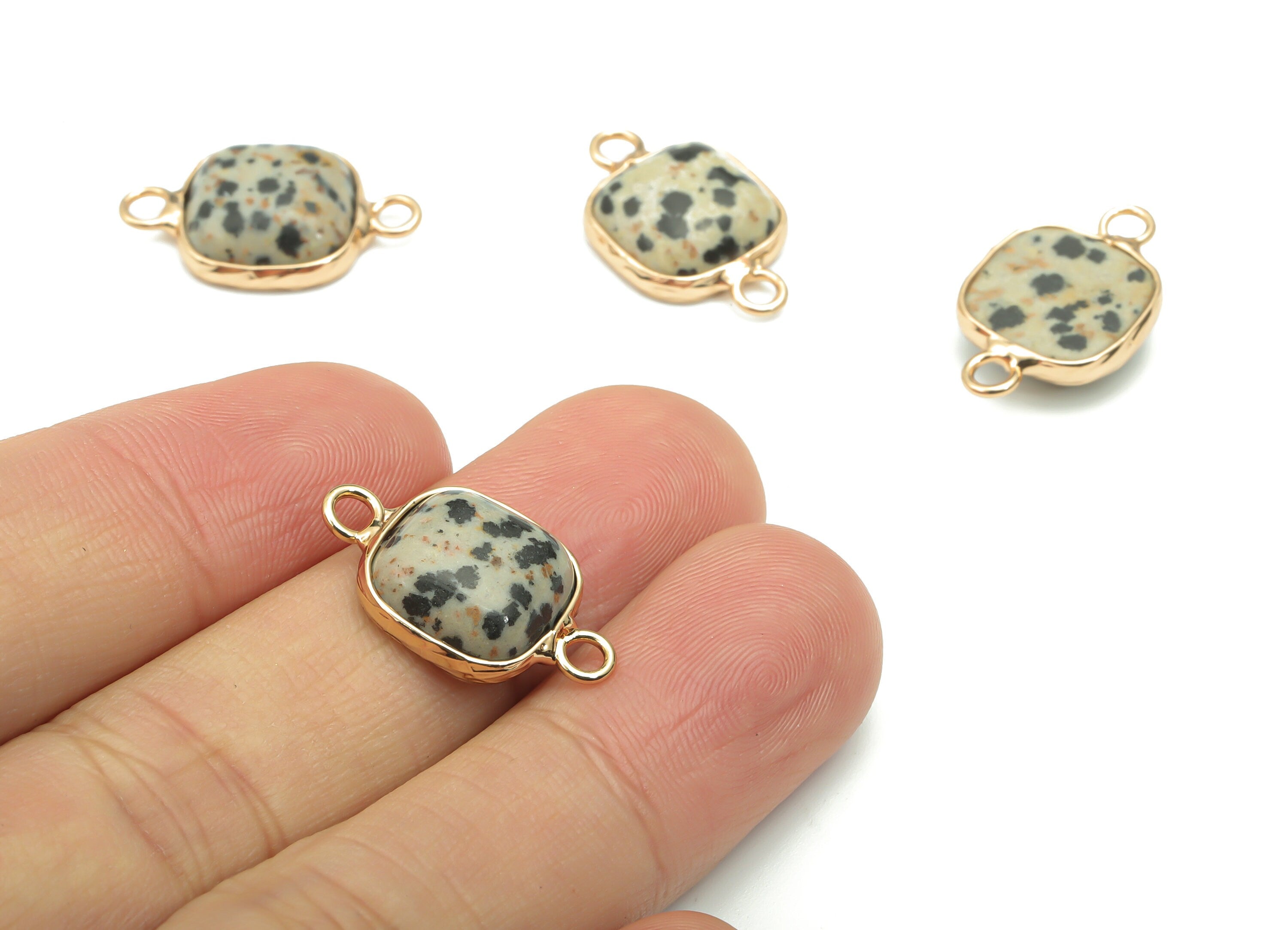 Dalmatian Jasper Faceted Natural Stone Connectors - Brass Wire Wrapped Square Charms - Gold Tone Plated Brass – 21.38x13.33x5.16mm – NS1674B - DOMEDBAZAAR
