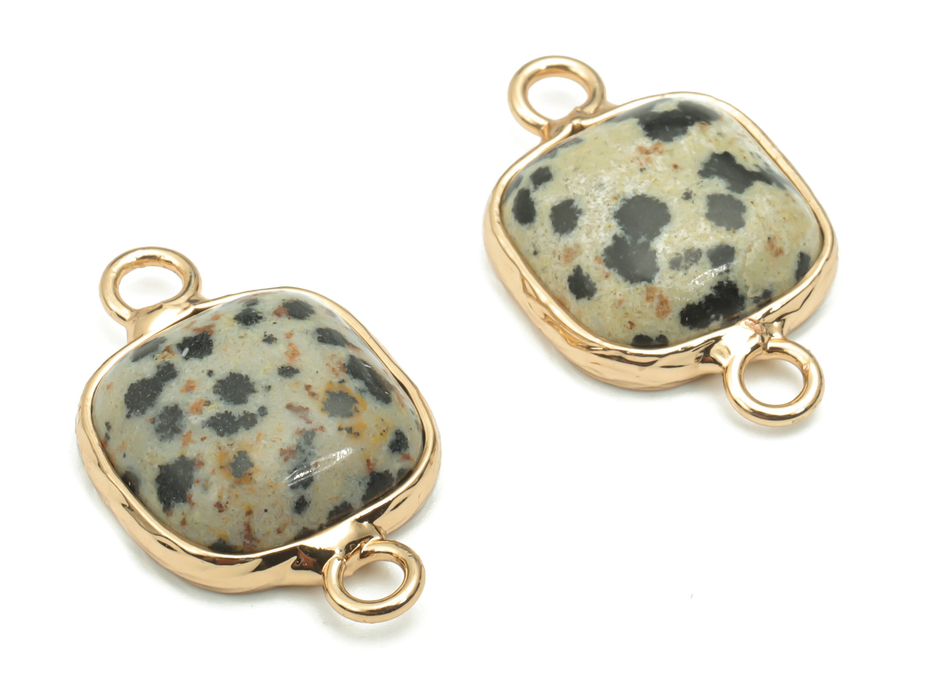 Dalmatian Jasper Faceted Natural Stone Connectors - Brass Wire Wrapped Square Charms - Gold Tone Plated Brass – 21.38x13.33x5.16mm – NS1674B - DOMEDBAZAAR