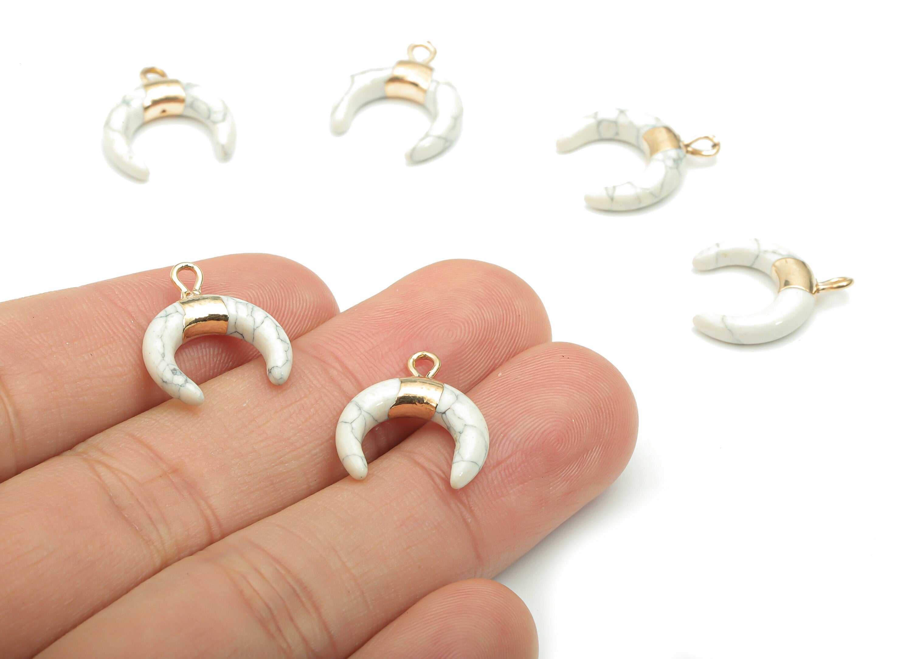Howlite Natural Stone Ox Horn Earring Charms - Brass Crescent Pendant - Gold Tone Plated Brass – Jewelry Supplies - 16.9x14.8x3.8mm– NS1628A - DOMEDBAZAAR