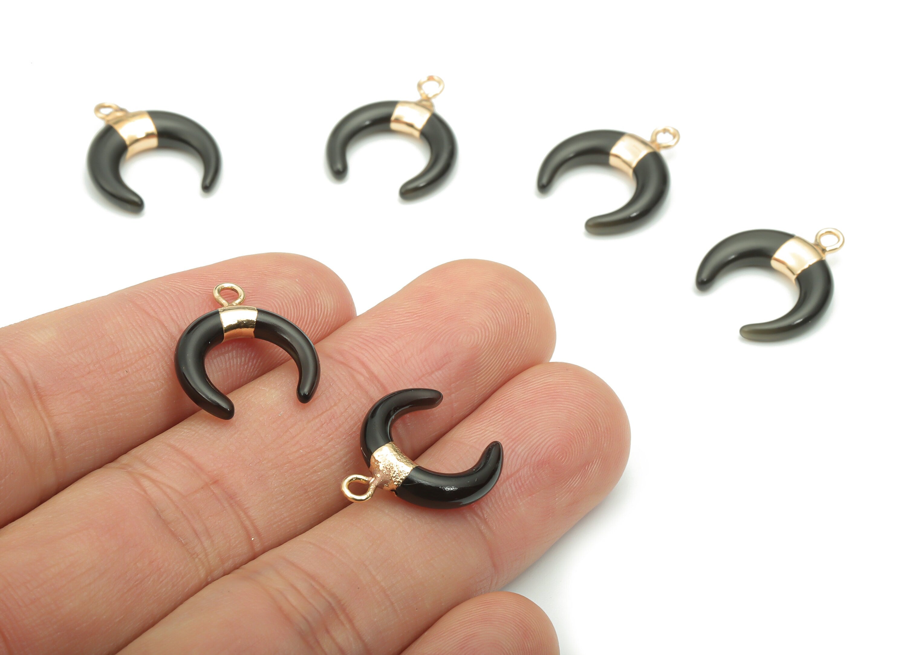 Obsidian Natural Stone Ox Horn Earring Charms - Brass Crescent Pendant - Gold Tone Plated Brass – Jewelry Supplies - 16.9x14.8x3.8mm–NS1628B - DOMEDBAZAAR