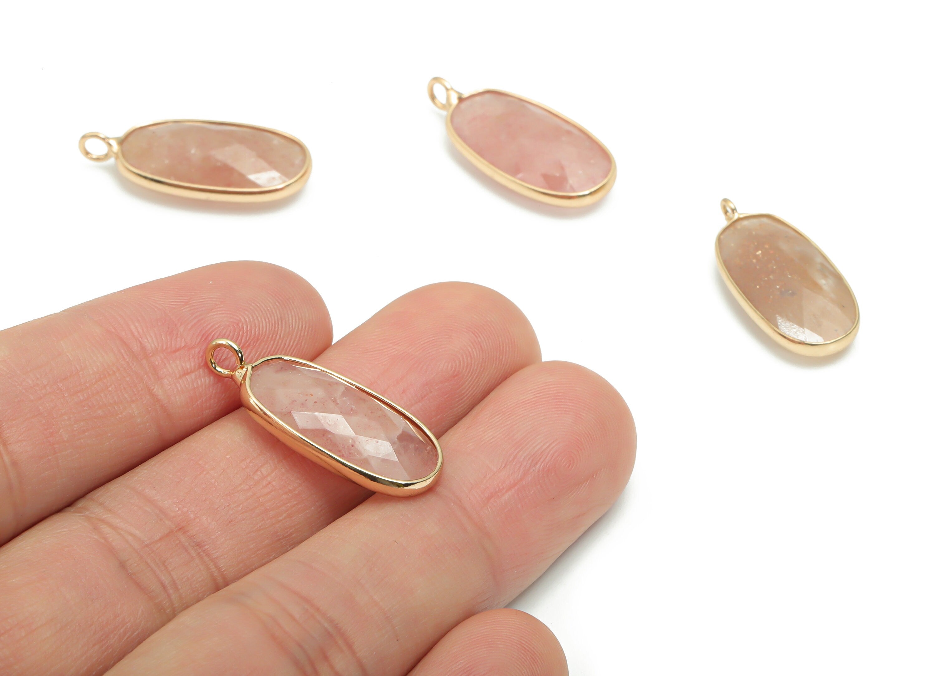 Strawberry Crystal Faceted Oval Earring Charms - Brass Oval Pendant - Natural Stone - Gold Tone Plated Brass – 25.39x11.28x5.54mm – NS1612 - DOMEDBAZAAR