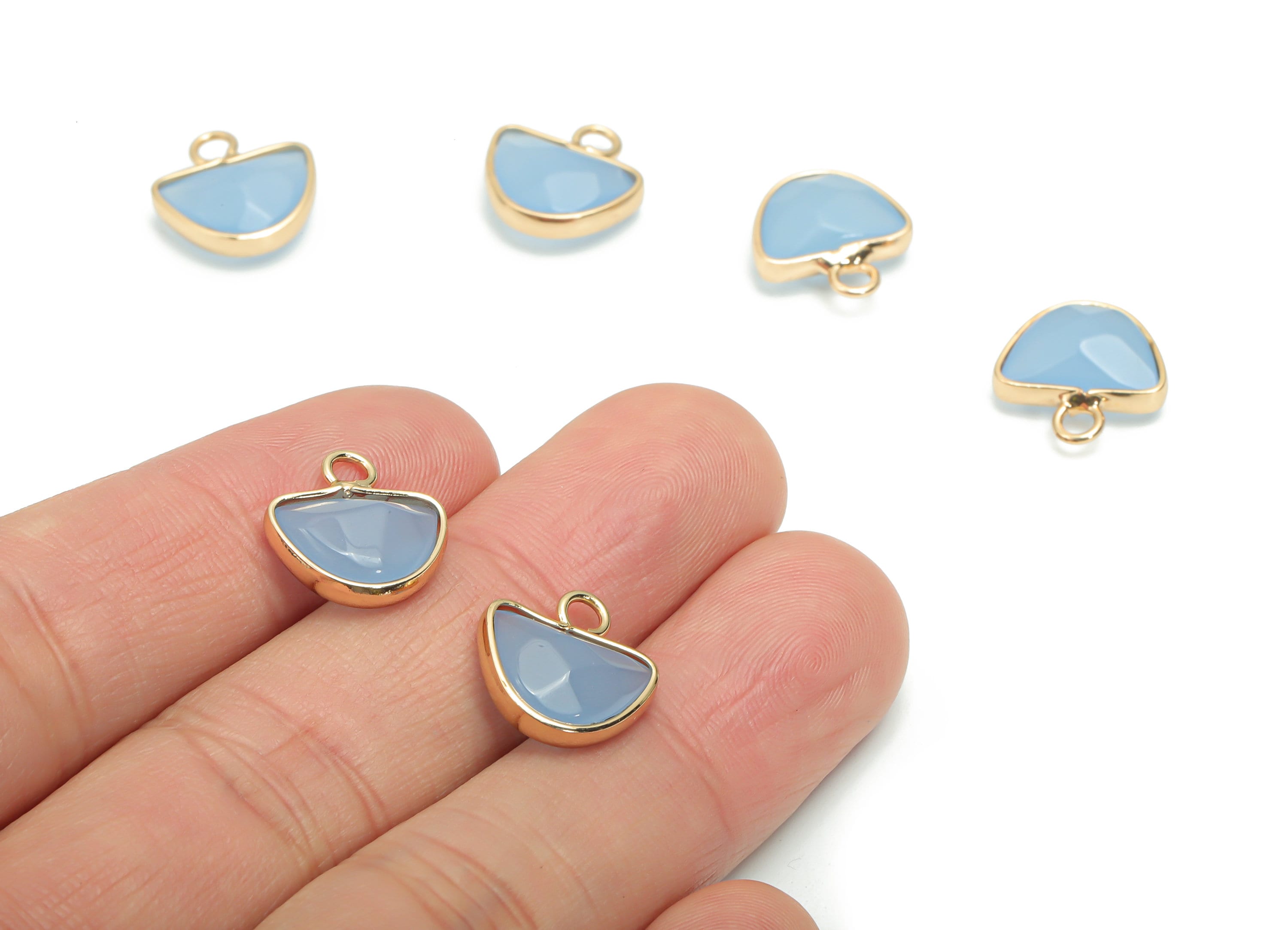 Blue Jade Domed Earring Charms - Brass Semicircle Pendant - Natural Stone - Gold Tone Plated Brass – 13.58x13.4x5.3mm – NS1605B - DOMEDBAZAAR