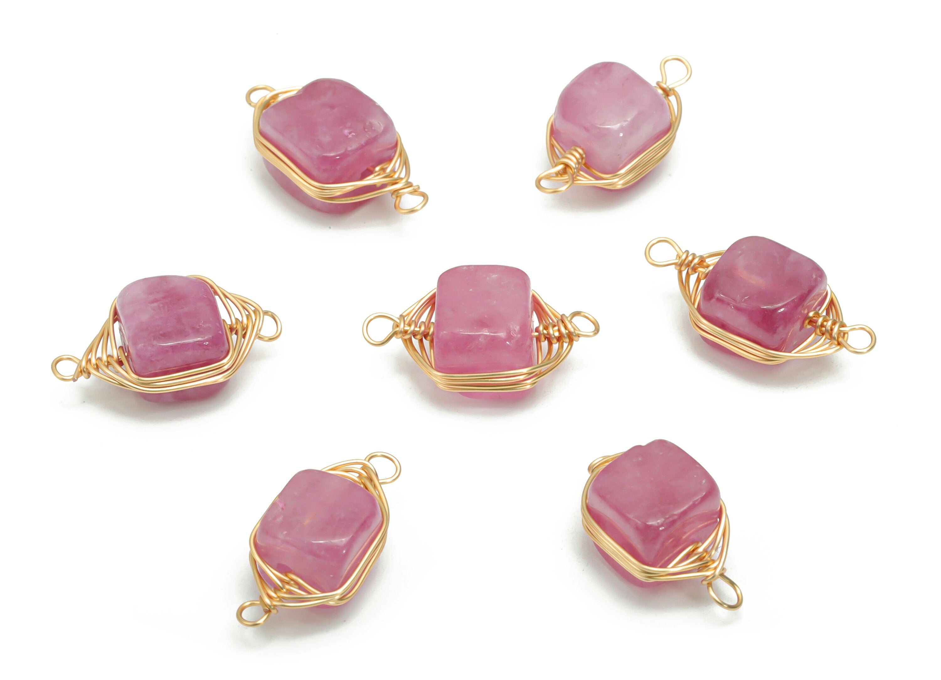 Pink Jade Earring Connector - Brass Wire Wrapped Square Pendant - Natural Stone - Gold Tone Plated Brass – 18.32x7.8x6.98mm – NS1613B - DOMEDBAZAAR