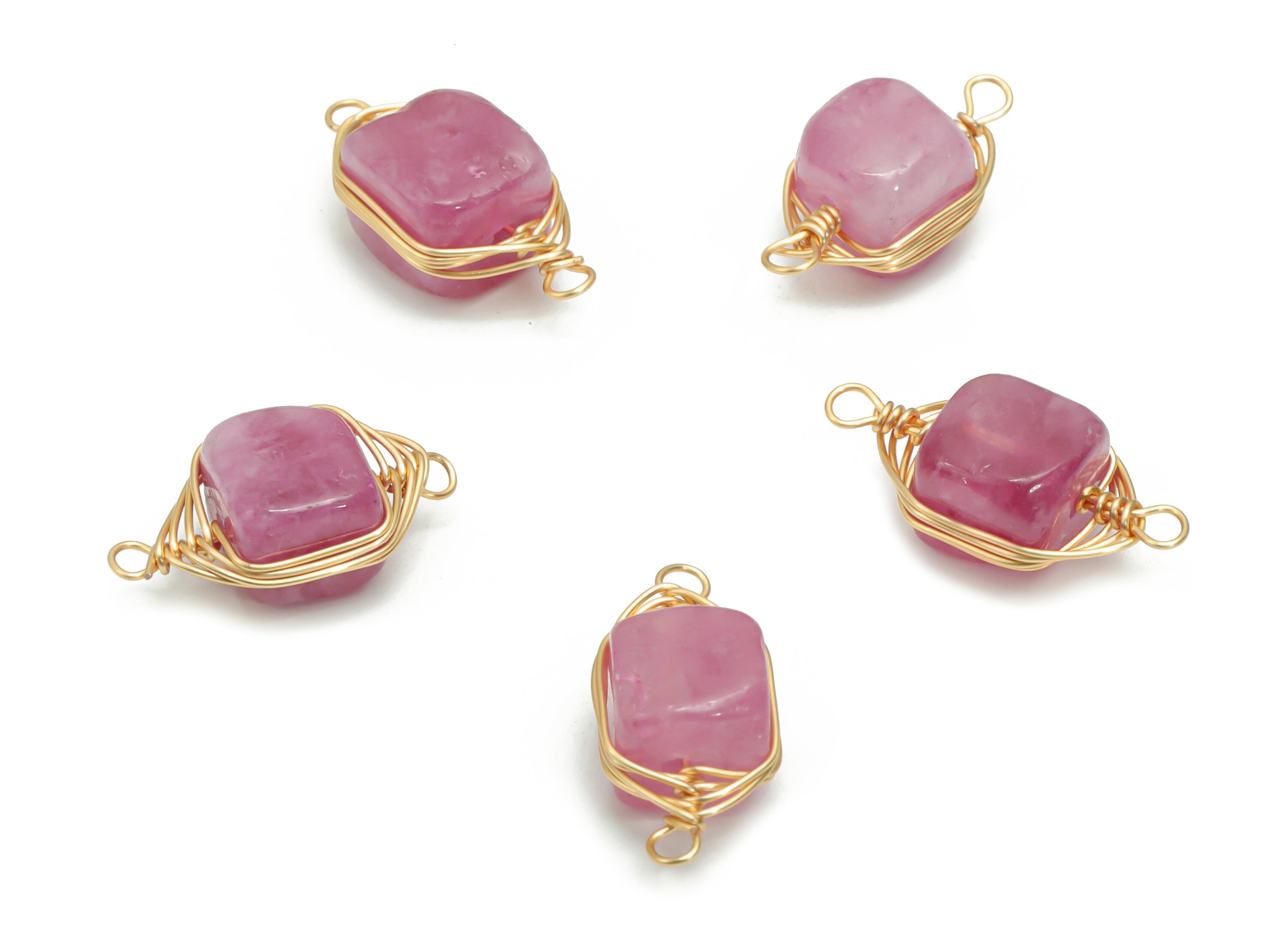 Pink Jade Earring Connector - Brass Wire Wrapped Square Pendant - Natural Stone - Gold Tone Plated Brass – 18.32x7.8x6.98mm – NS1613B - DOMEDBAZAAR
