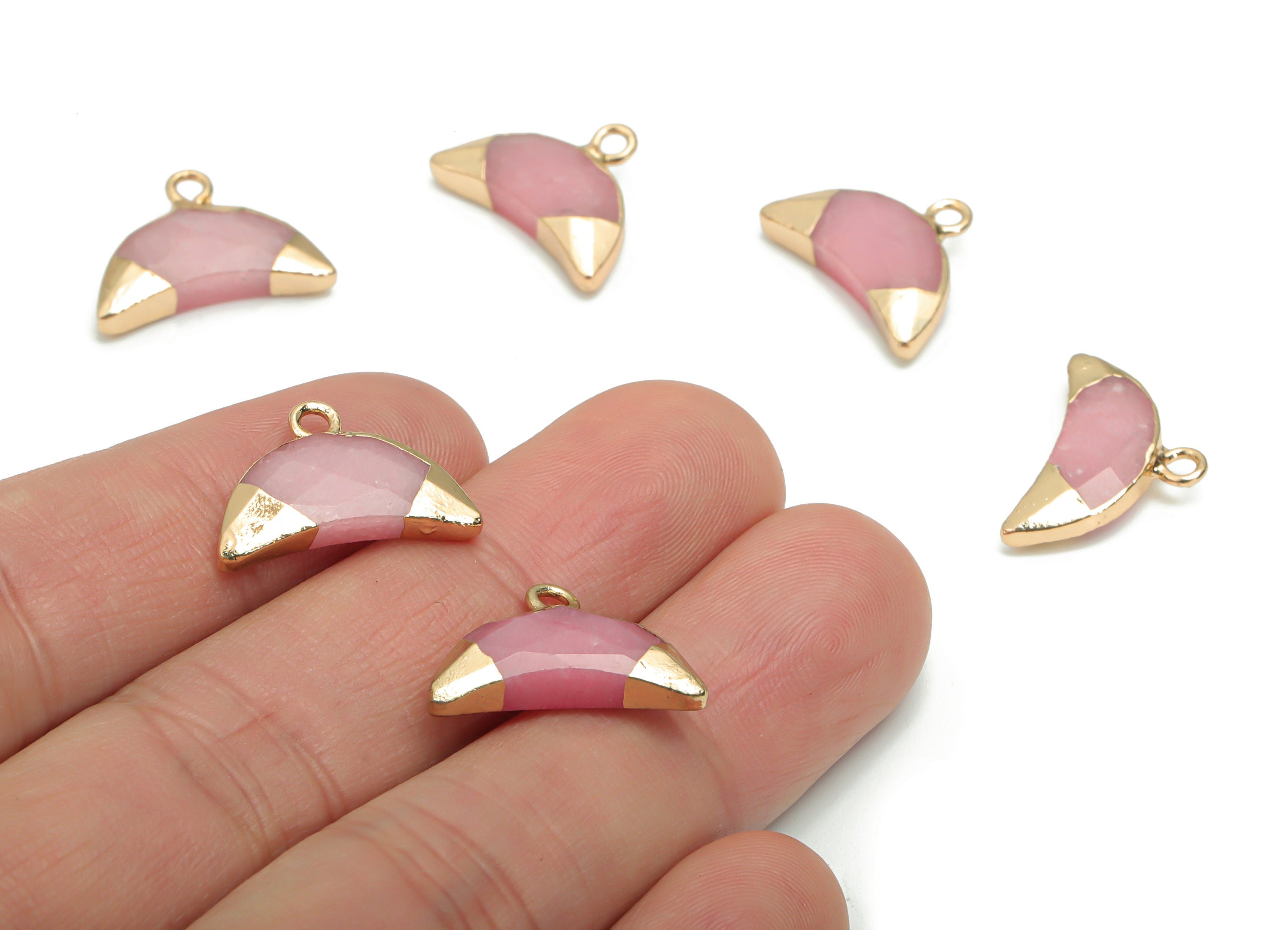 Rose Quartz Gemstone Pink Crescent Horn Charms - Brass Moon Pendant - Natural Stone - Gold Tone Plated Brass – 18.32x13.43x4.74mm– NS1617A - DOMEDBAZAAR