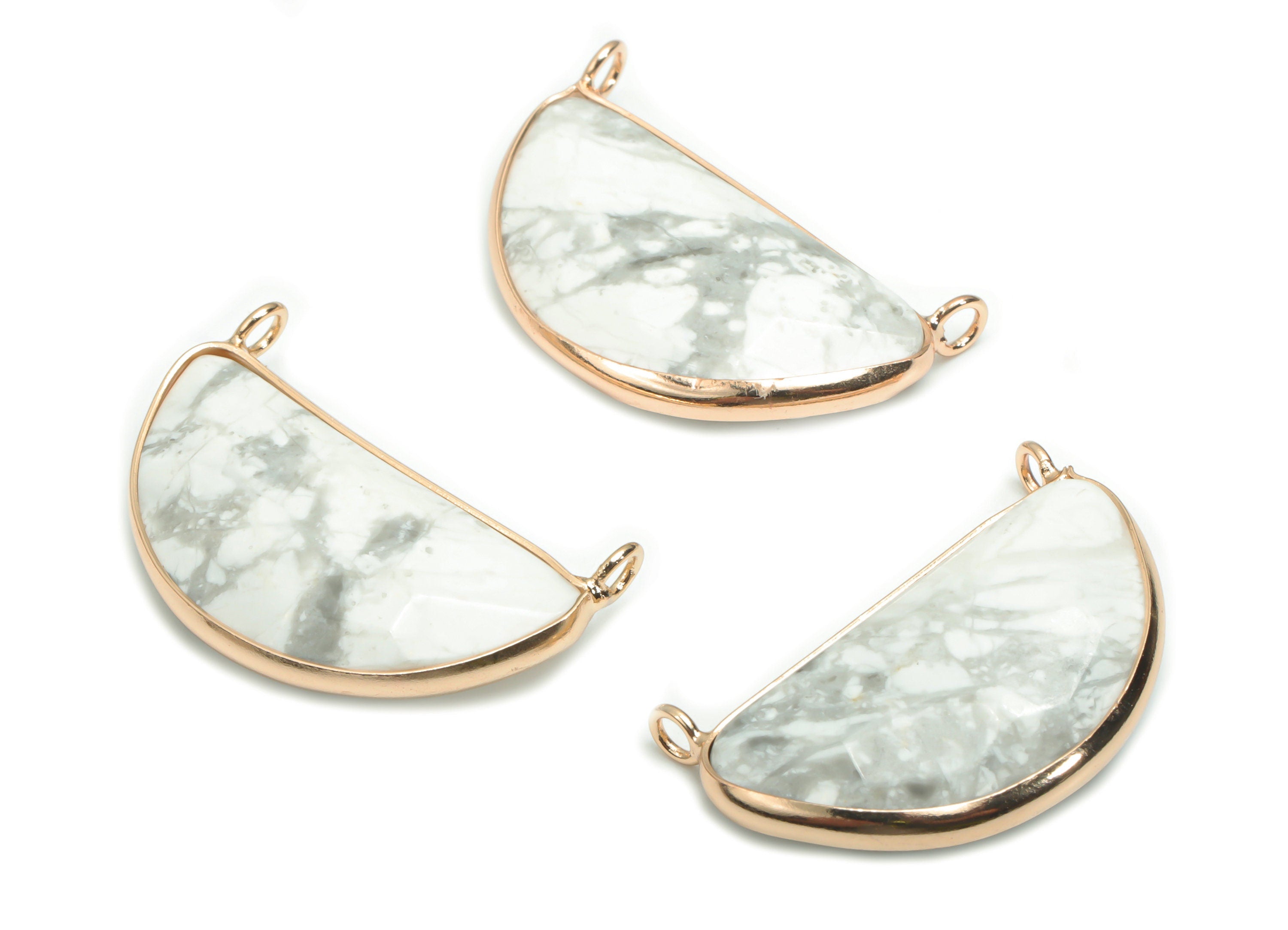 Howlite Semicircle Earring Connectors - Brass Half Moon Pendant - Natural Stone - Gold Tone Plated Brass – 31.09x17.97x6.66mm – NS1624C - DOMEDBAZAAR