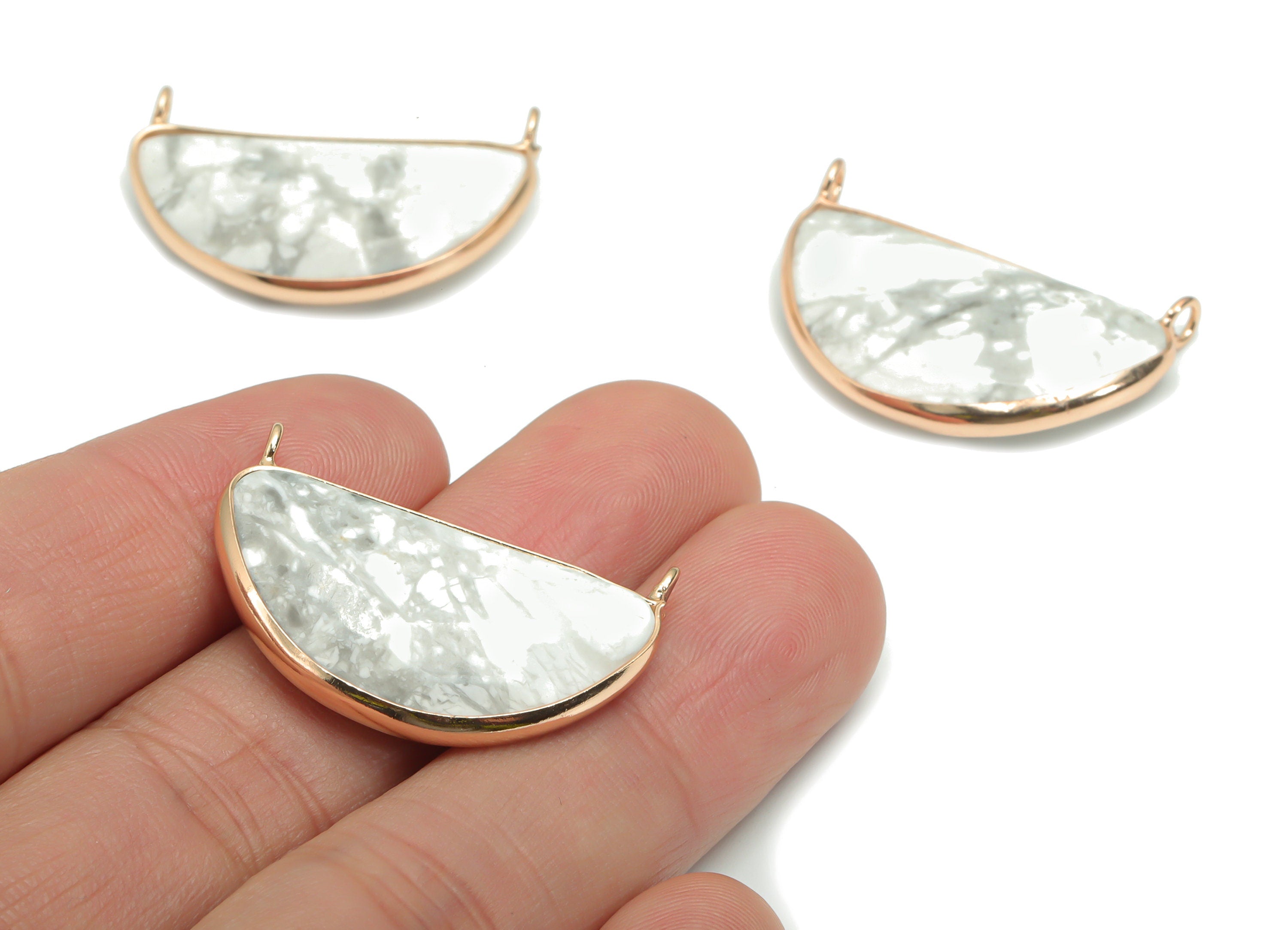 Howlite Semicircle Earring Connectors - Brass Half Moon Pendant - Natural Stone - Gold Tone Plated Brass – 31.09x17.97x6.66mm – NS1624C - DOMEDBAZAAR