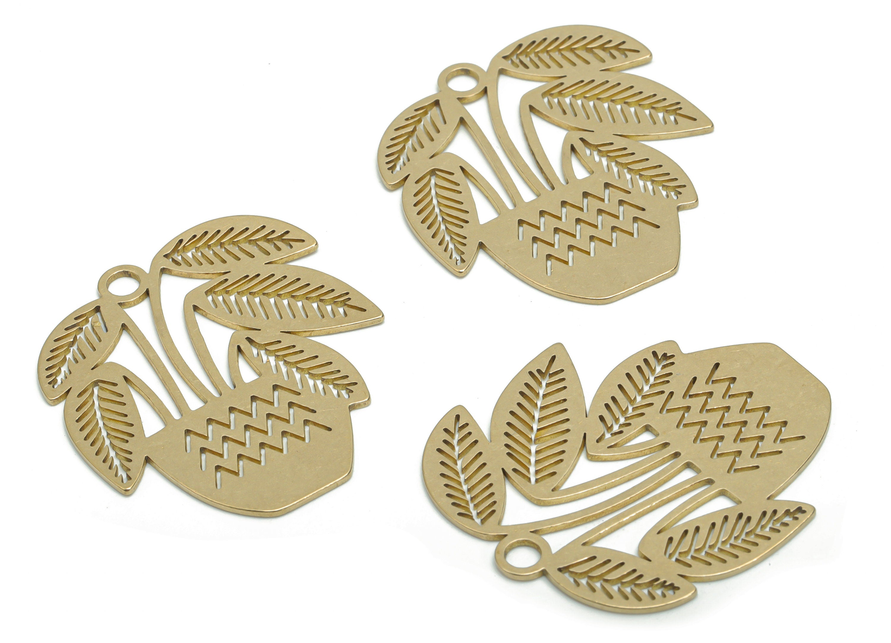 Brass Waves Leaf Earring Charms - Raw Brass Flowerpot Potted Plant Vase Pendant - Jewelry Making Supplies - 35.38x31.79x0.77mm - PPA0147 - DOMEDBAZAAR