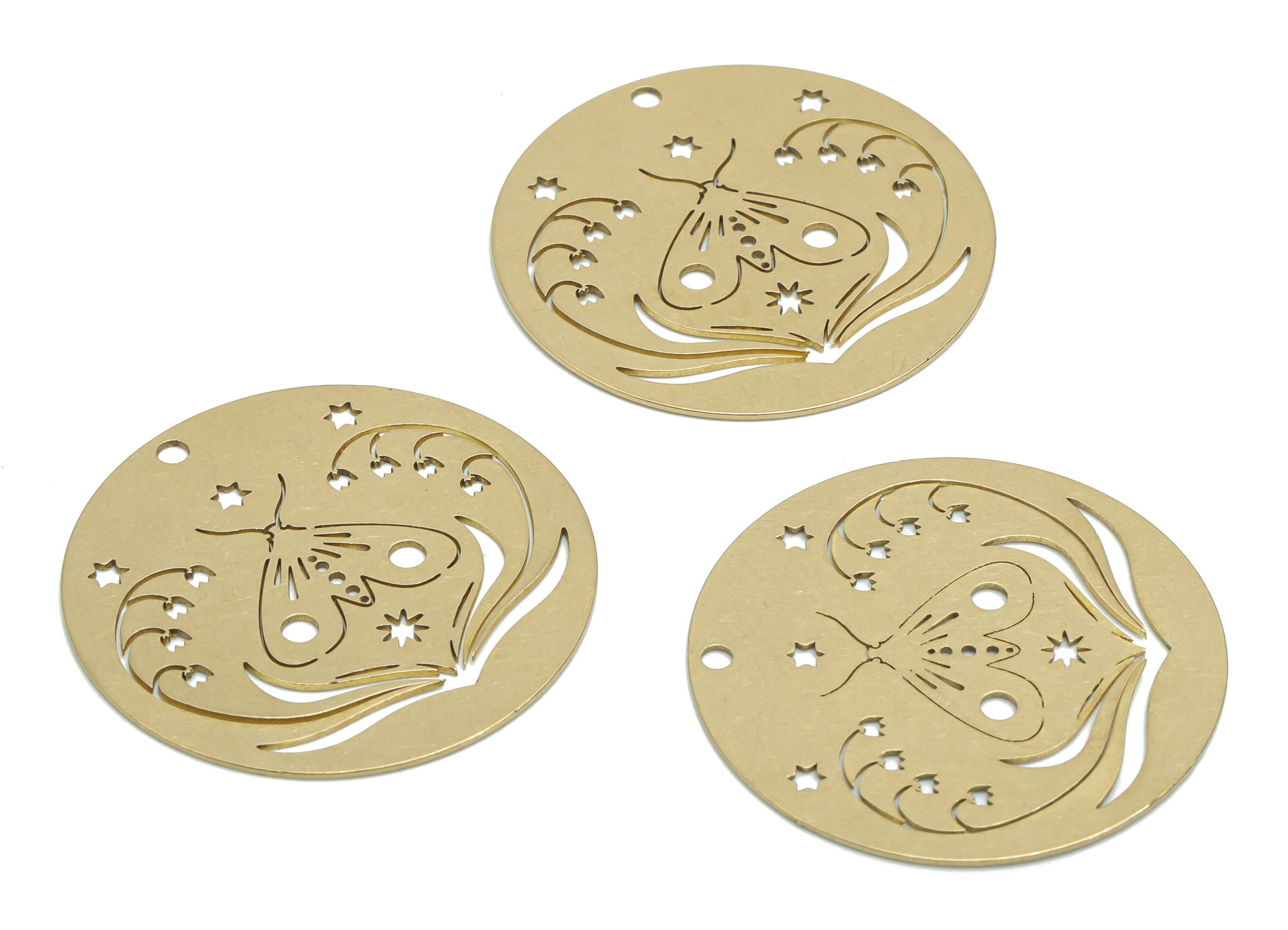 Brass Round Planet Moth Earring Charms - Raw Brass Flower Star Circle Pendant - Jewelry Making Supplies - 34.86x34.86x0.57mm - PPA0204 - DOMEDBAZAAR