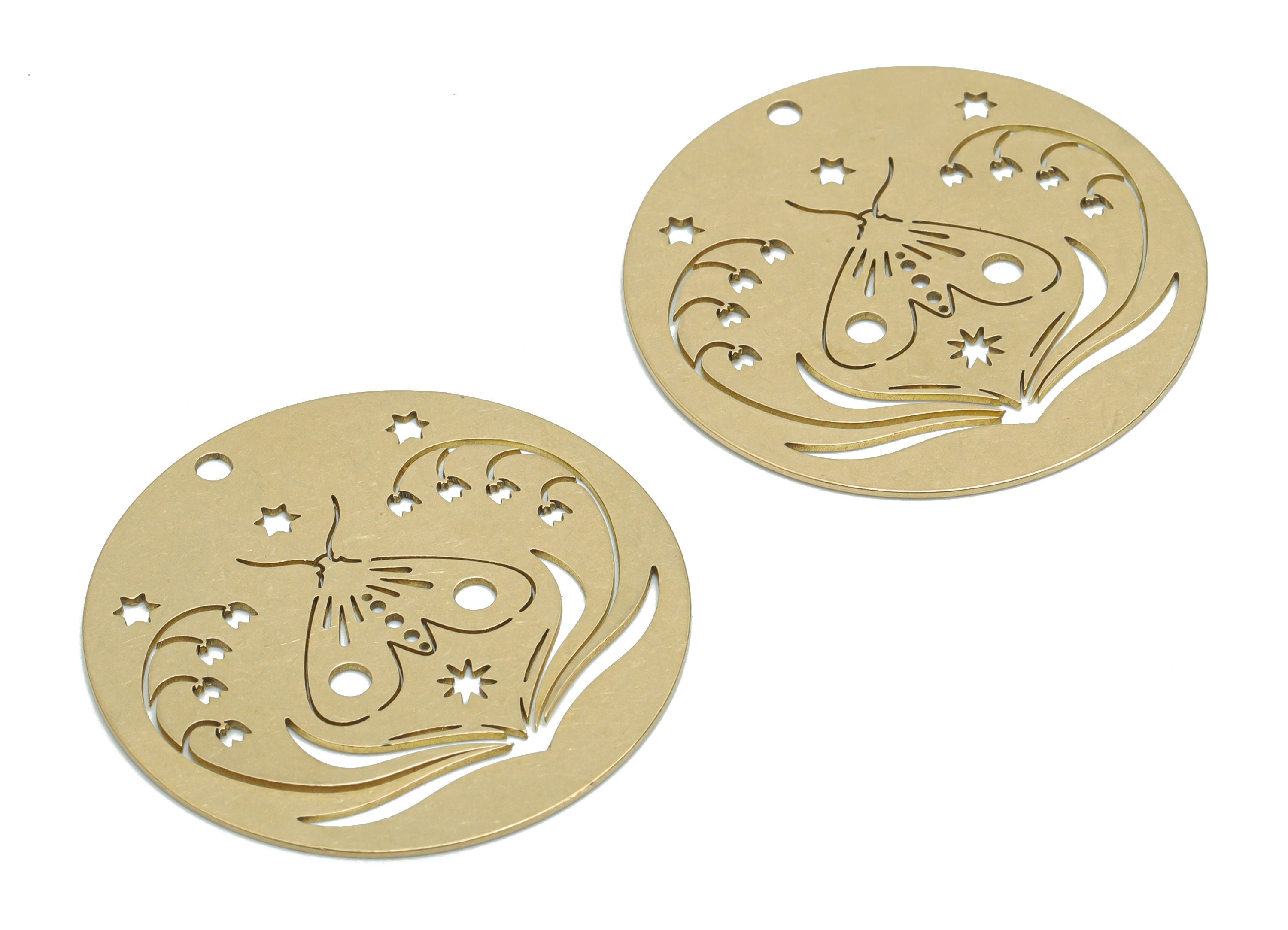 Brass Round Planet Moth Earring Charms - Raw Brass Flower Star Circle Pendant - Jewelry Making Supplies - 34.86x34.86x0.57mm - PPA0204 - DOMEDBAZAAR
