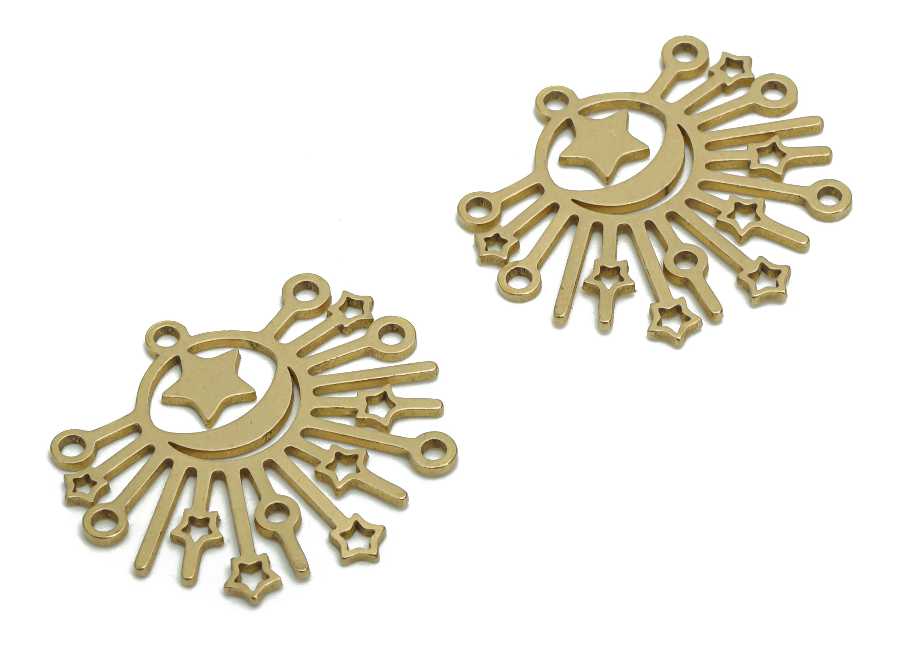 Brass Sun Planet Crescent Earring Charms - Raw Brass Star Moon Pendant - Jewelry Making Supplies - 24.45x22.71x0.78mm - PPZ0018 - DOMEDBAZAAR