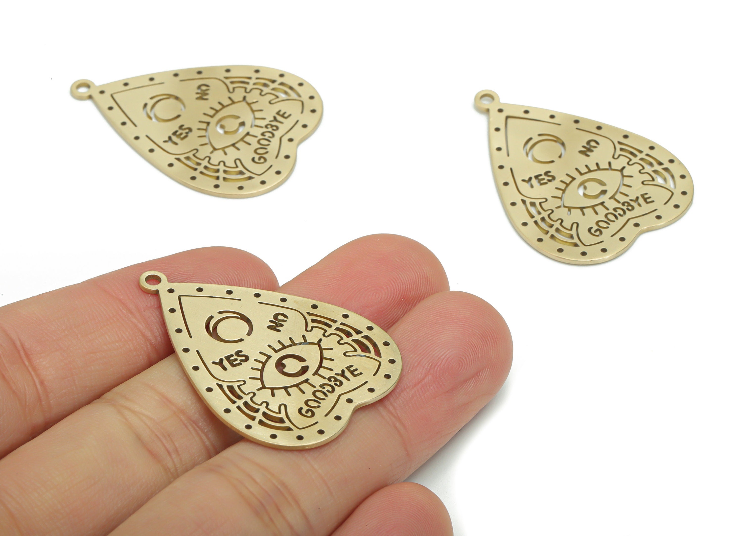 Brass Bubble Heart Goodbye Earring Connectors - Raw Brass Eye Yes No Moon Pendant - Jewelry Making Supplies - 37.73x27.72x0.88mm - PPZ0044 - DOMEDBAZAAR
