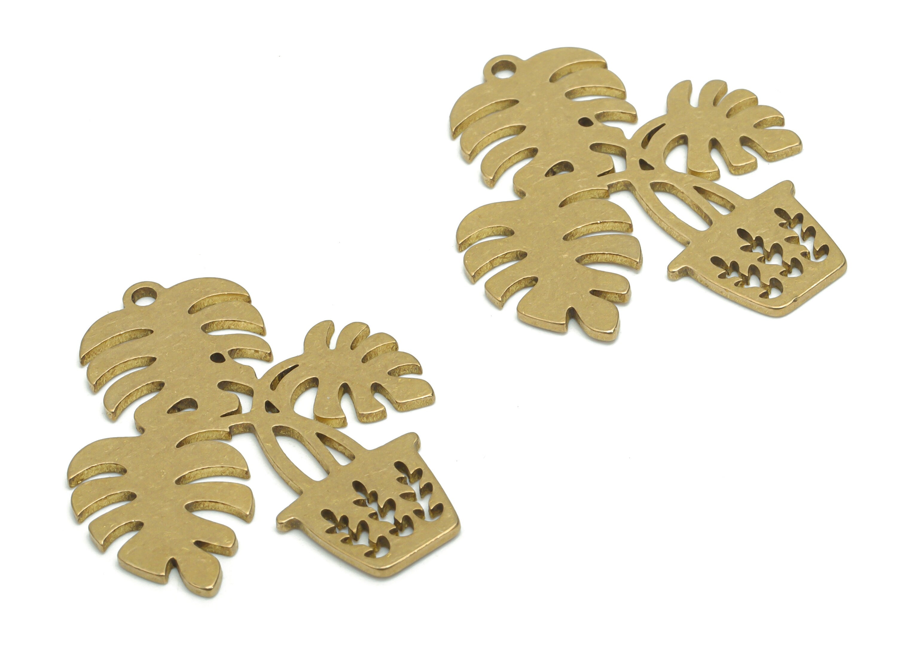 Brass Potted Monstera Earring Charms - Raw Brass Potted Grass Domed Pendant - Jewelry Making Supplies - 31.06x24.97x0.88mm - PPA0306 - DOMEDBAZAAR
