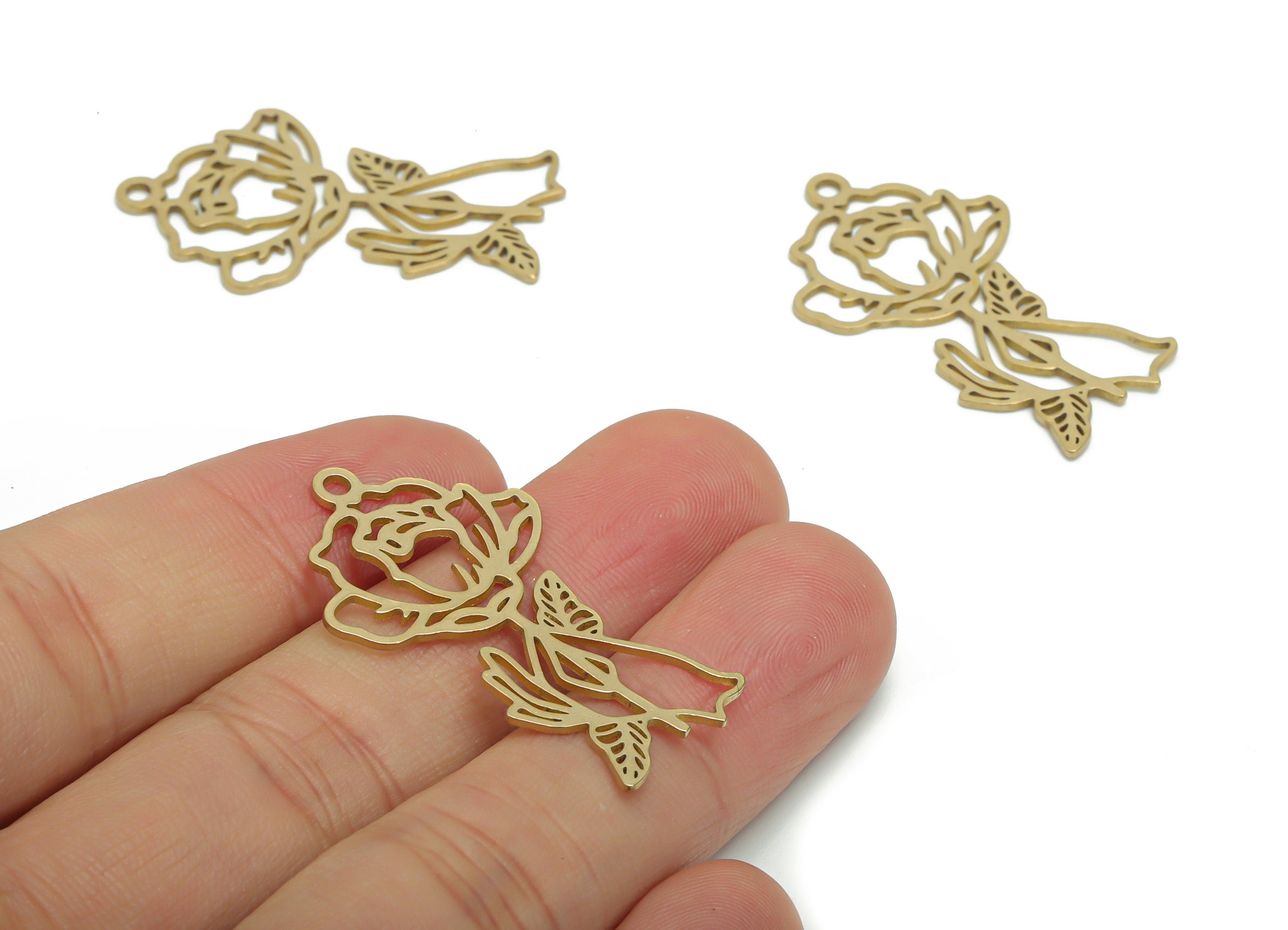 Brass Rose Flower Earring Charms - Raw Brass Flower Pendant - DIY Jewelry Making Supplies - 37.74x21.88x0.78mm - PPZ0012 - DOMEDBAZAAR