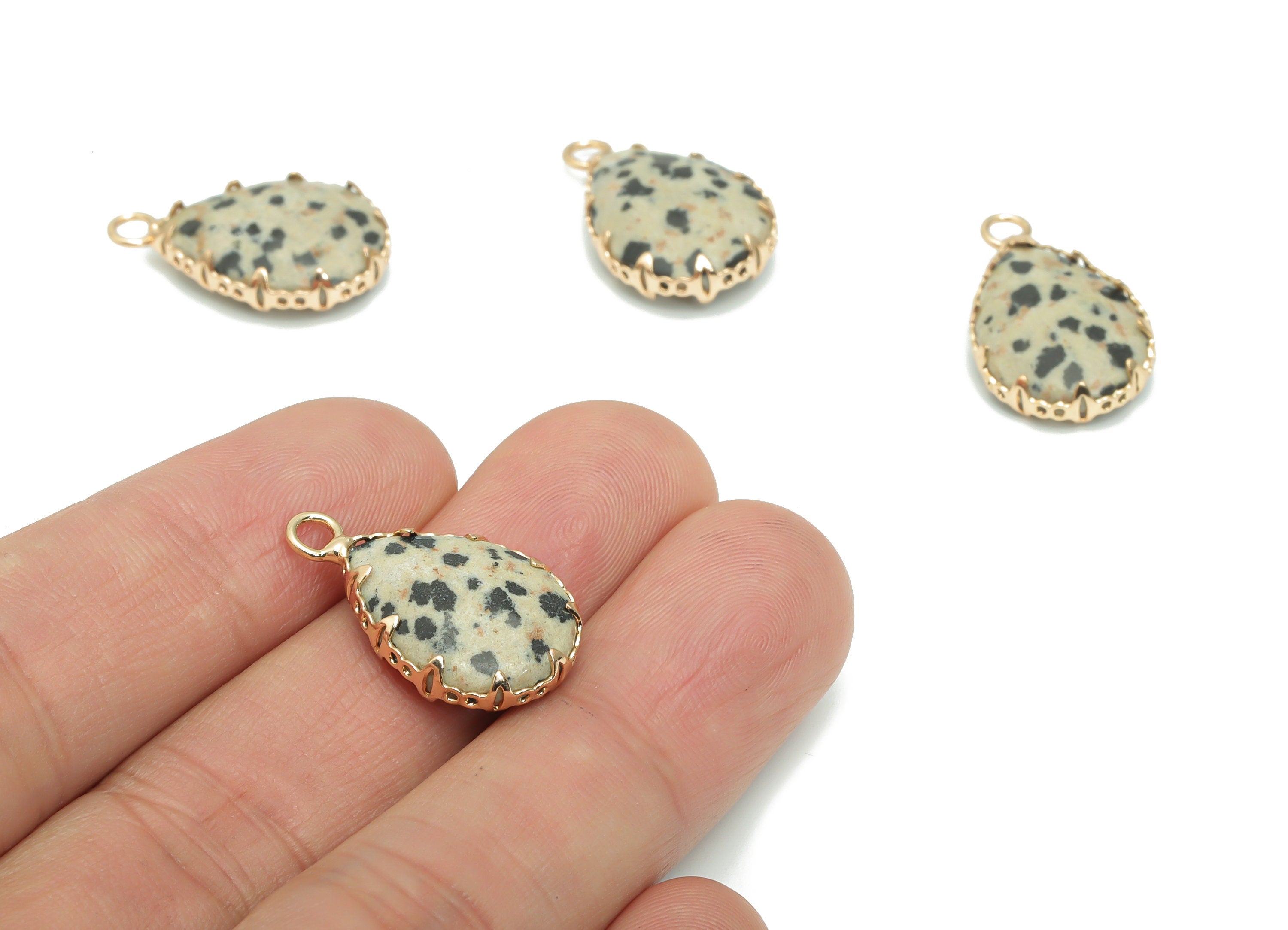 Dalmatian Jasper Stone Teardrop Charms - Brass Wire Drop Pendant - Natural Stone - Gold Tone Plated Brass – 23.58x13.79x5.9mm – NS1609A - DOMEDBAZAAR