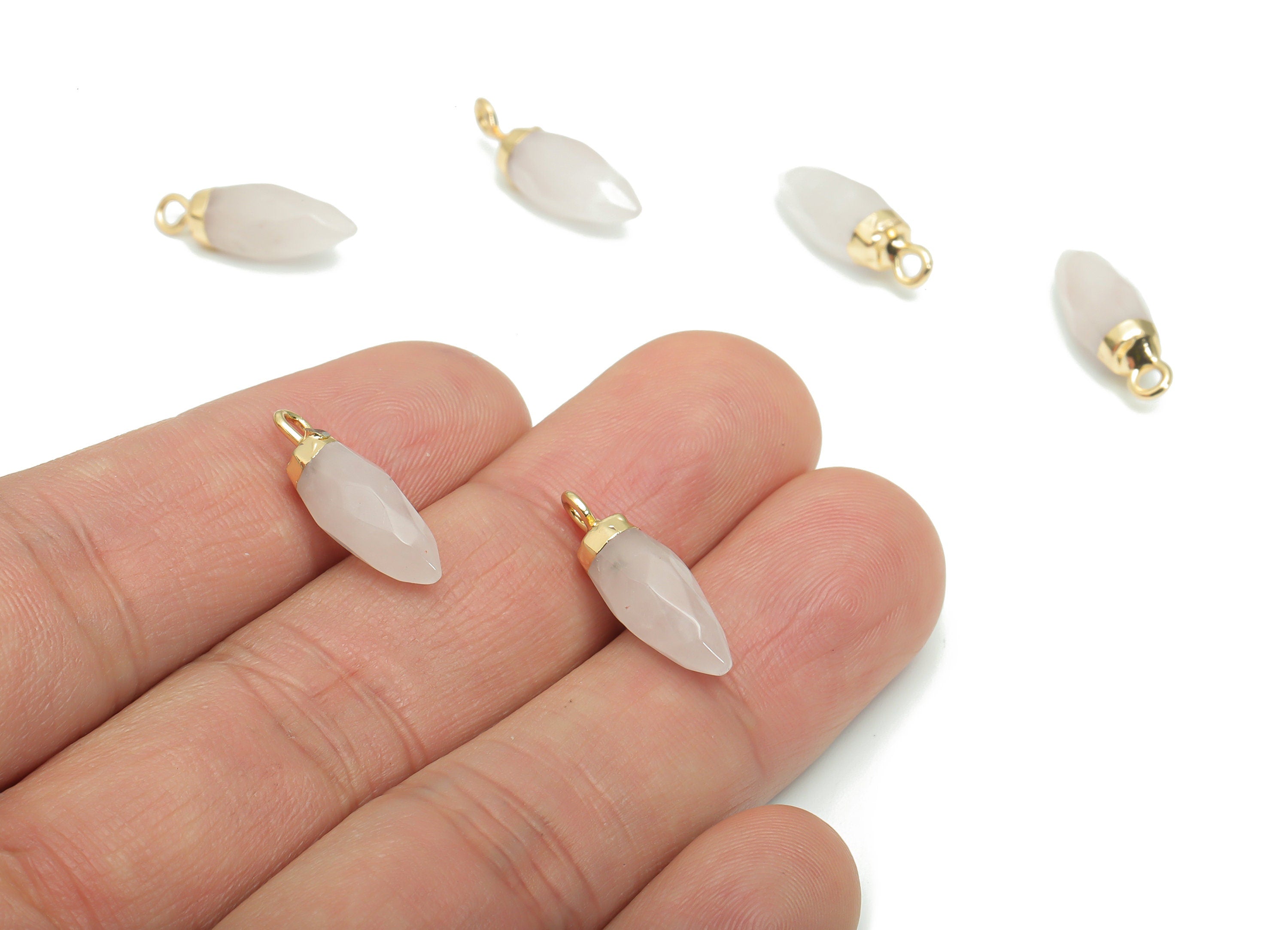 Rose Crystal Quartz Faceted Spike Earring Charms - Brass Stick Pendant - Natural Stone - Gold Tone Plated Brass – 19.56x5.98x6mm – NS1621C - DOMEDBAZAAR