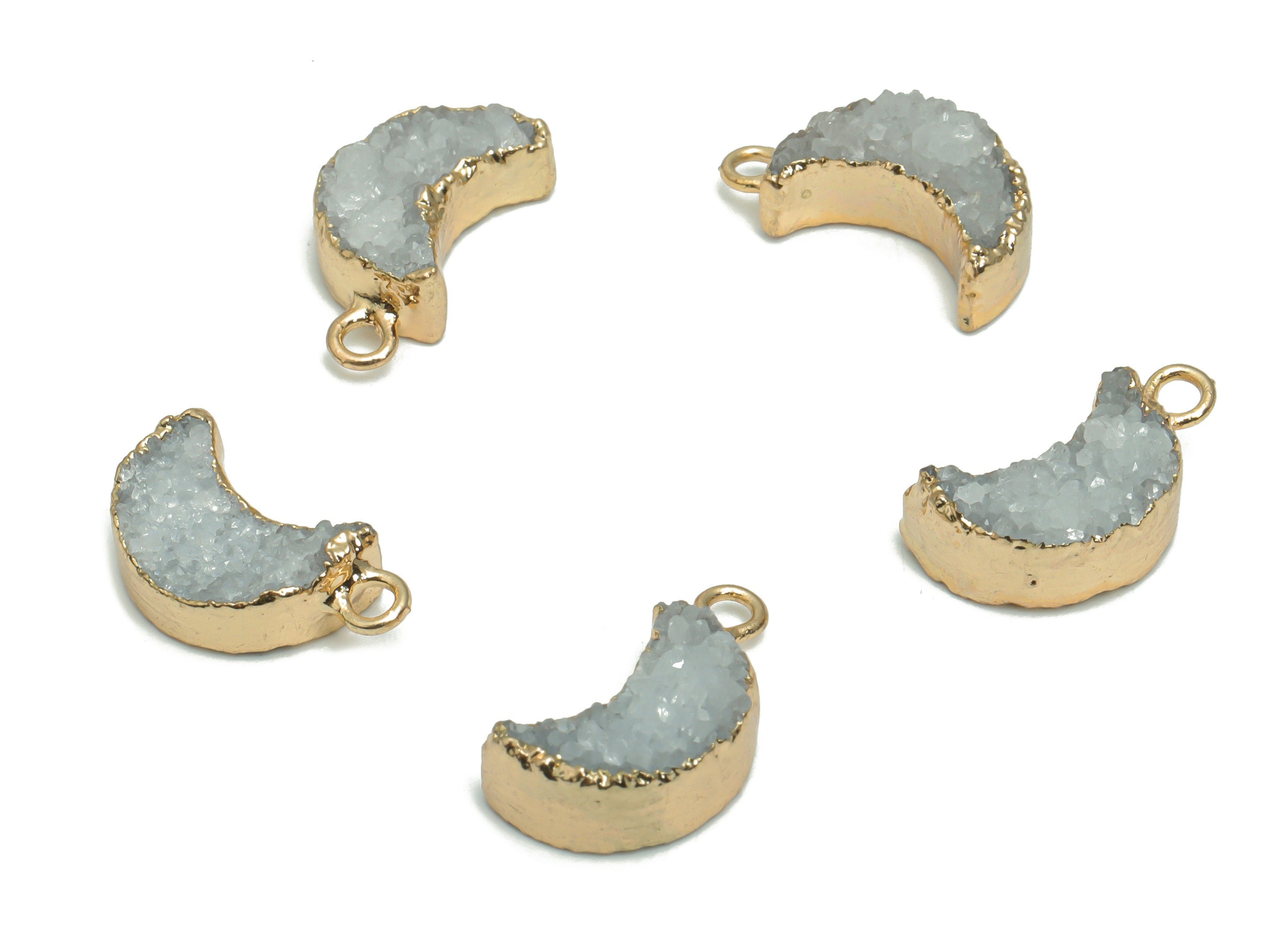 Druzy Dyed Quartz Crystal Crescent Earring Charms - Brass Moon Pendant - Natural Stone - Gold Tone Plated Brass – 16.97x9.27x4.84mm – NS1619 - DOMEDBAZAAR