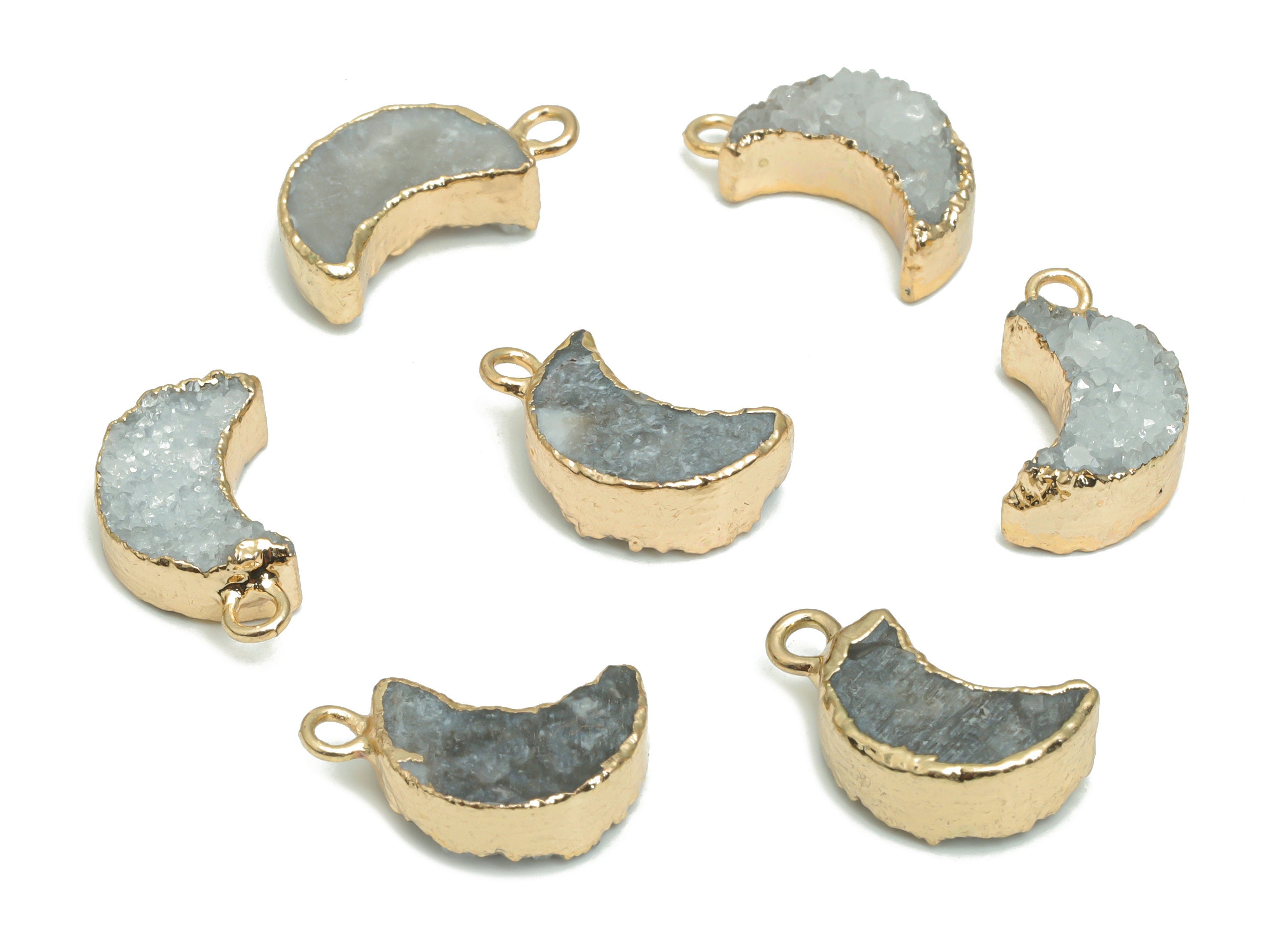 Druzy Dyed Quartz Crystal Crescent Earring Charms - Brass Moon Pendant - Natural Stone - Gold Tone Plated Brass – 16.97x9.27x4.84mm – NS1619 - DOMEDBAZAAR