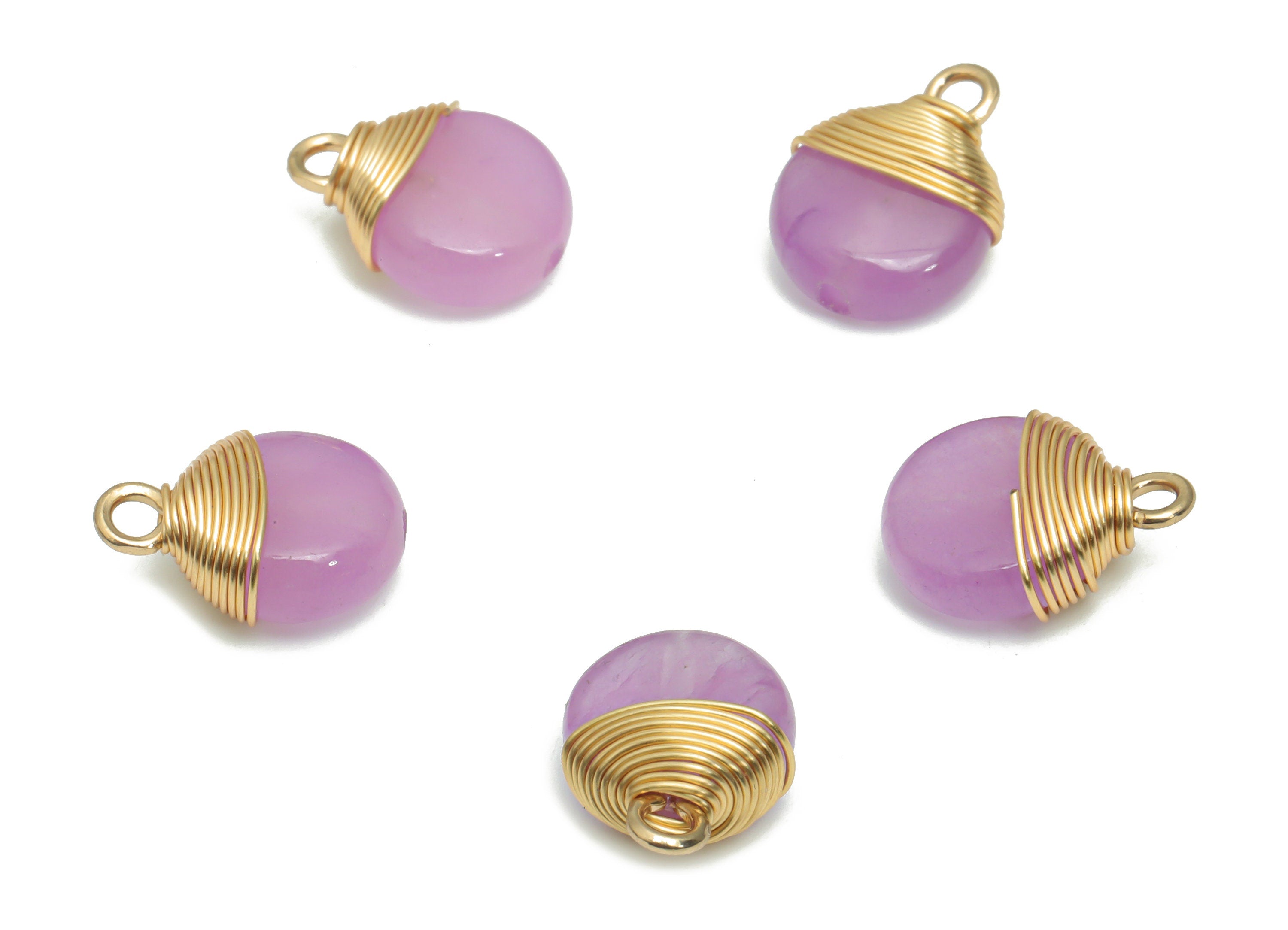 Purple Jade Round Earring Charms - Brass Circle Pendant - Brass Wire Wrapped - Gold Tone Plated Brass – 13.79x10.33x5.98mm – NS1608A - DOMEDBAZAAR