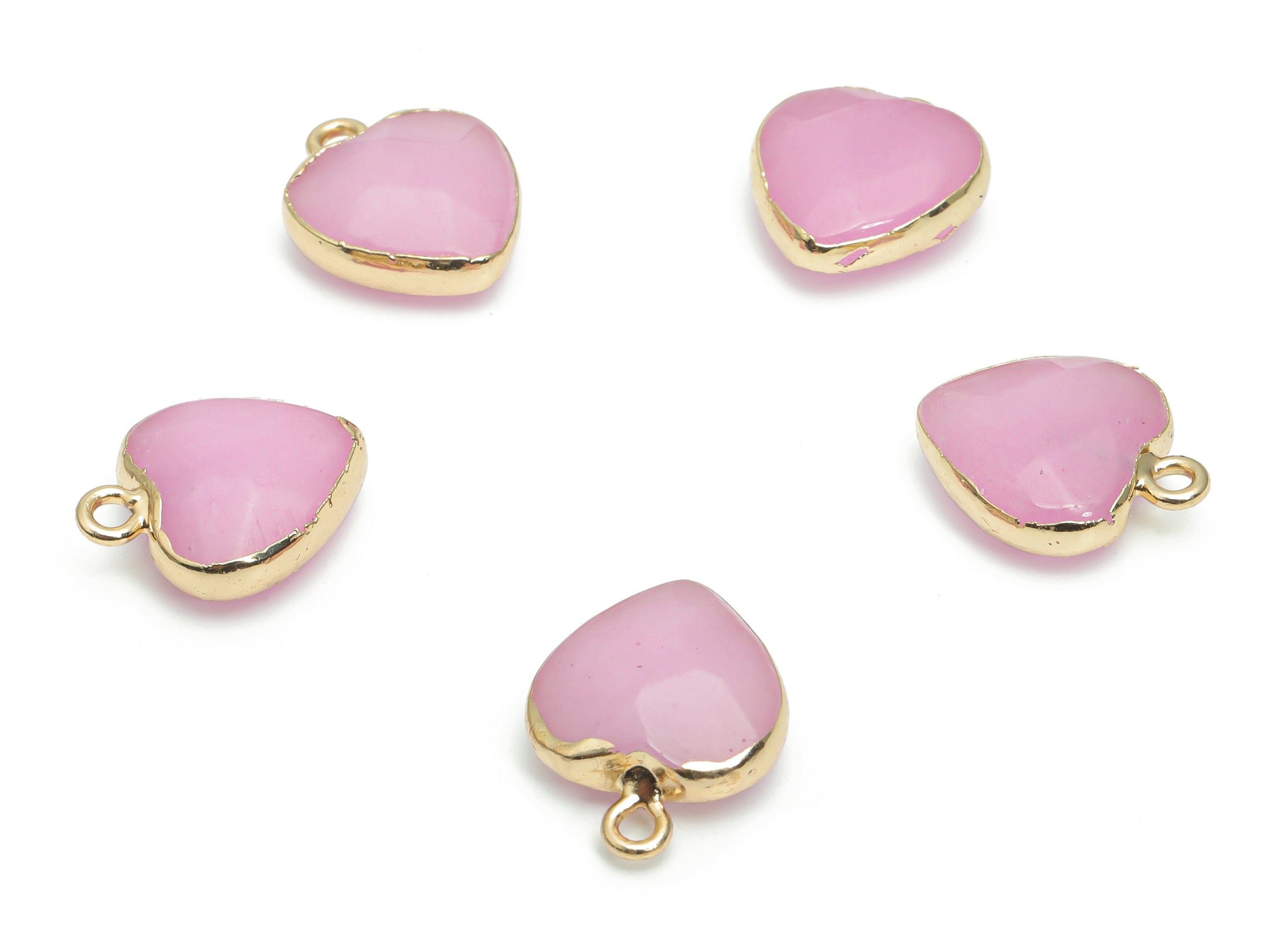 Pink Jade Heart Earring Charms - Brass Wire Heart Pendant - Natural Stone - Gold Tone Plated Brass – 17.57x14.1x6.2mm–NS1604B - DOMEDBAZAAR