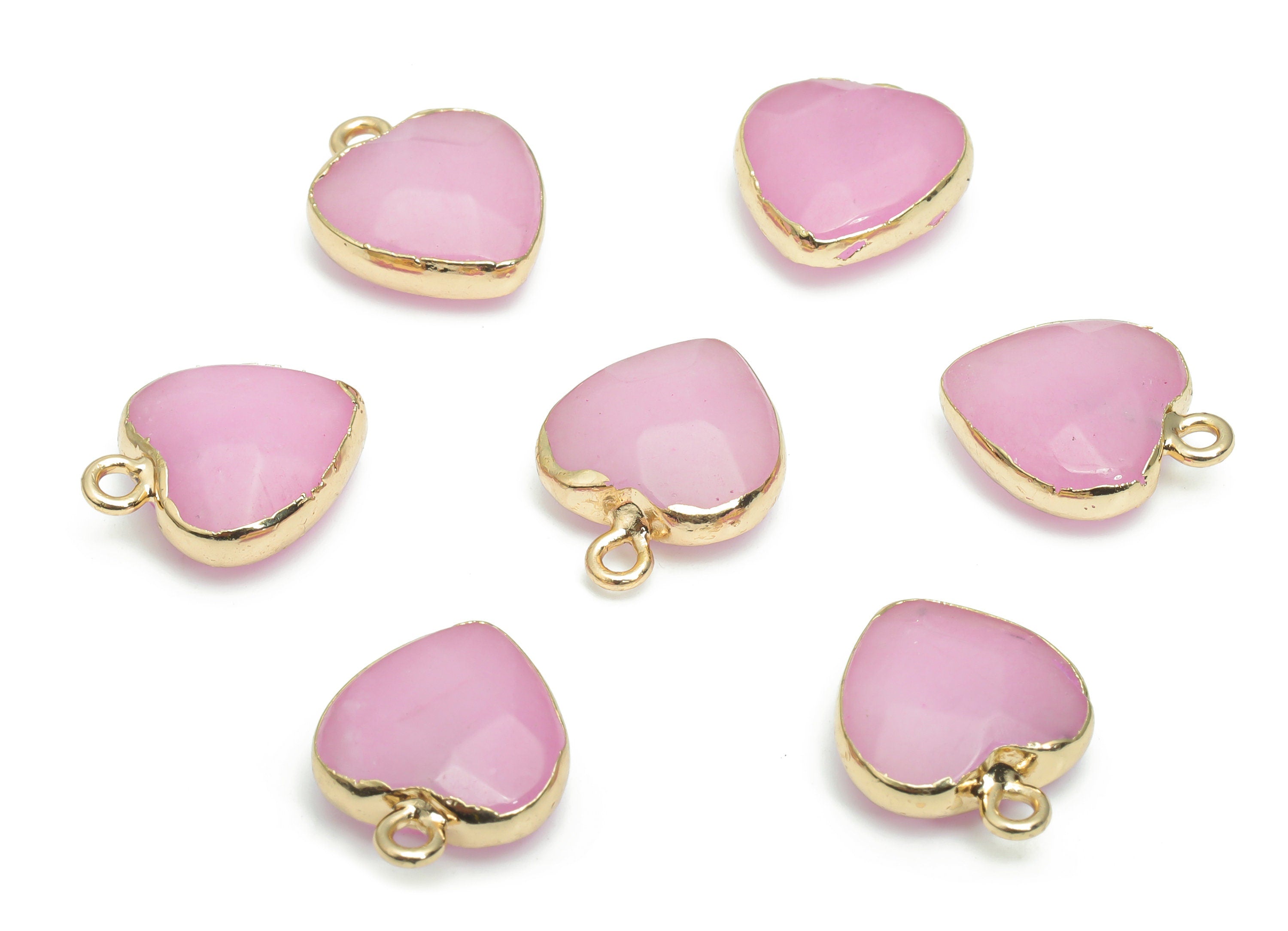 Pink Jade Heart Earring Charms - Brass Wire Heart Pendant - Natural Stone - Gold Tone Plated Brass – 17.57x14.1x6.2mm–NS1604B - DOMEDBAZAAR