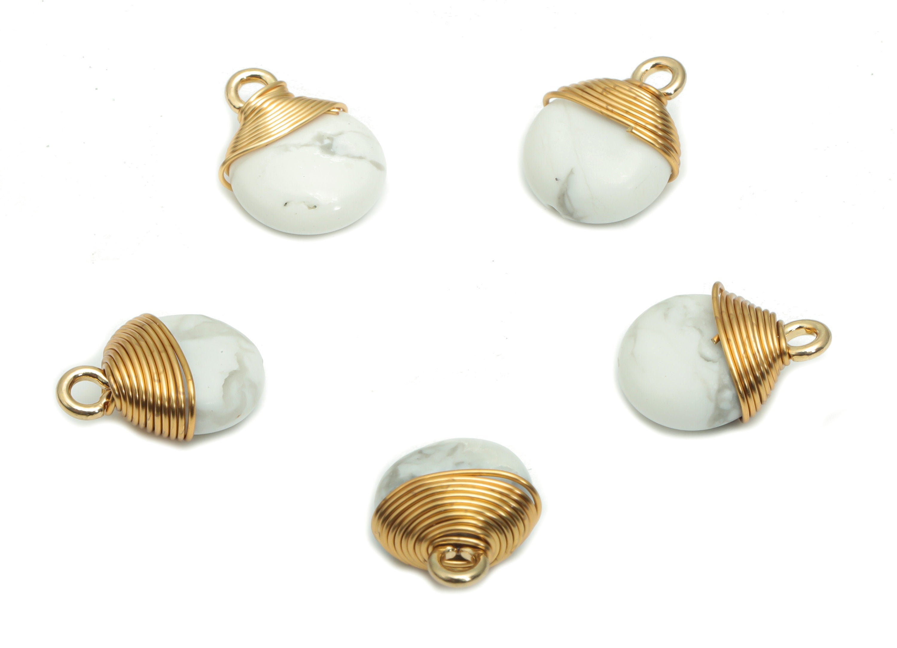 White Turquoise Round Earring Charms - Brass Circle Pendant - Brass Wire Wrapped - Gold Tone Plated Brass – 13.79x10.33x5.98mm – NS1608B - DOMEDBAZAAR