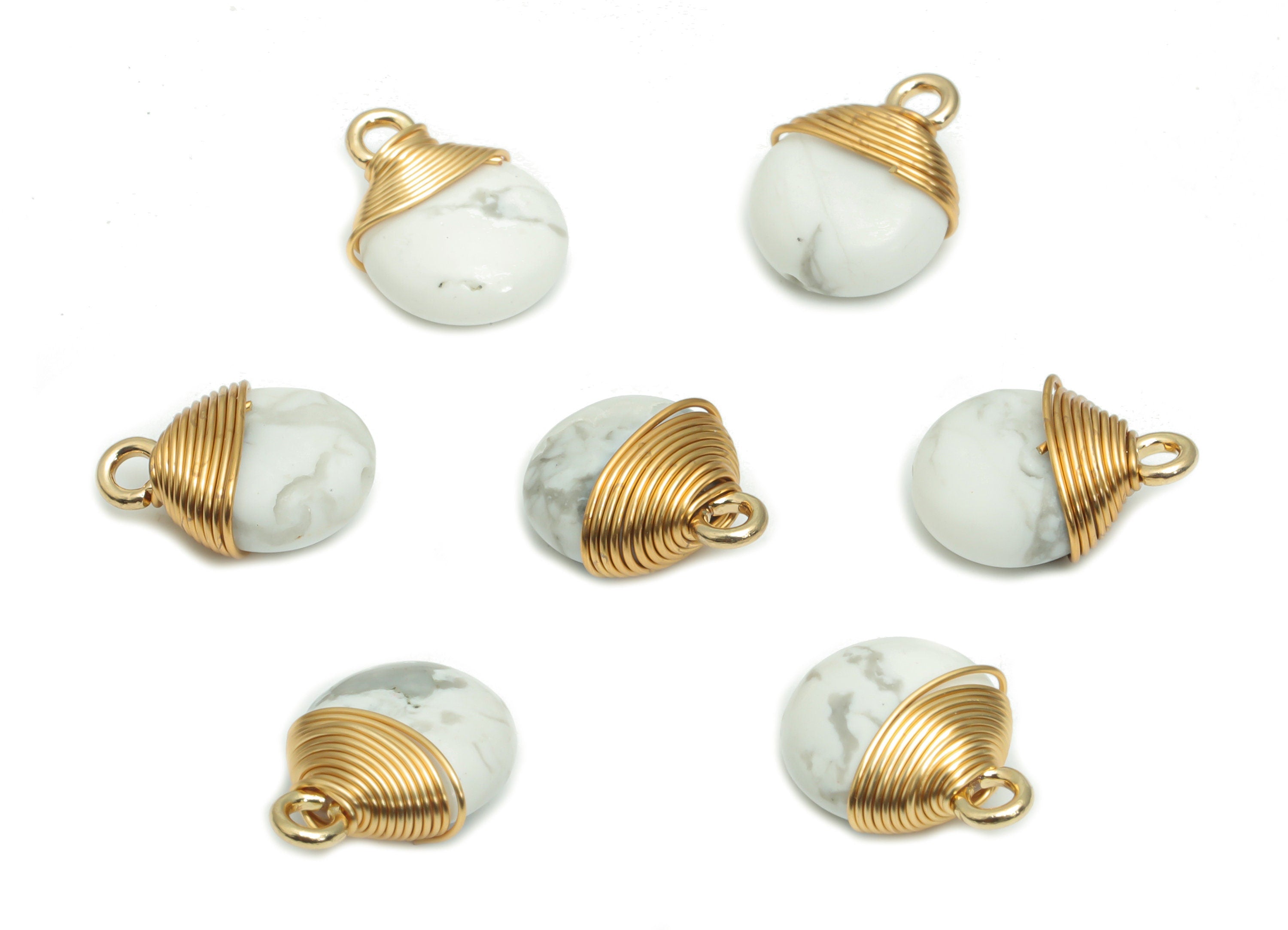 White Turquoise Round Earring Charms - Brass Circle Pendant - Brass Wire Wrapped - Gold Tone Plated Brass – 13.79x10.33x5.98mm – NS1608B - DOMEDBAZAAR