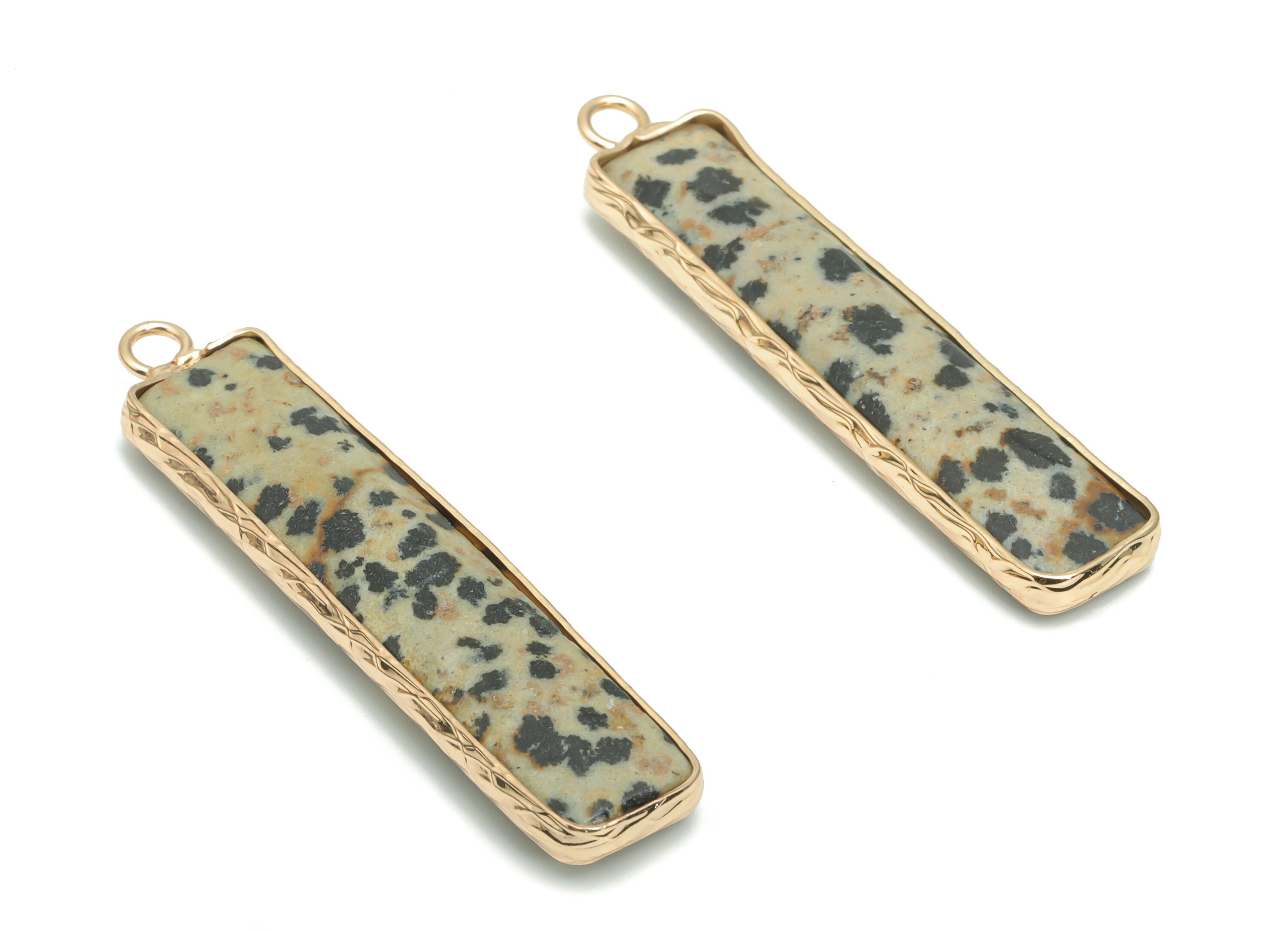 Dalmatian Jasper Stone Bar Stick Charms - Brass Wire Rectangle Pendant - Natural Stone - Gold Tone Plated Brass – 45.28x9.53x5.02mm – NS1625 - DOMEDBAZAAR