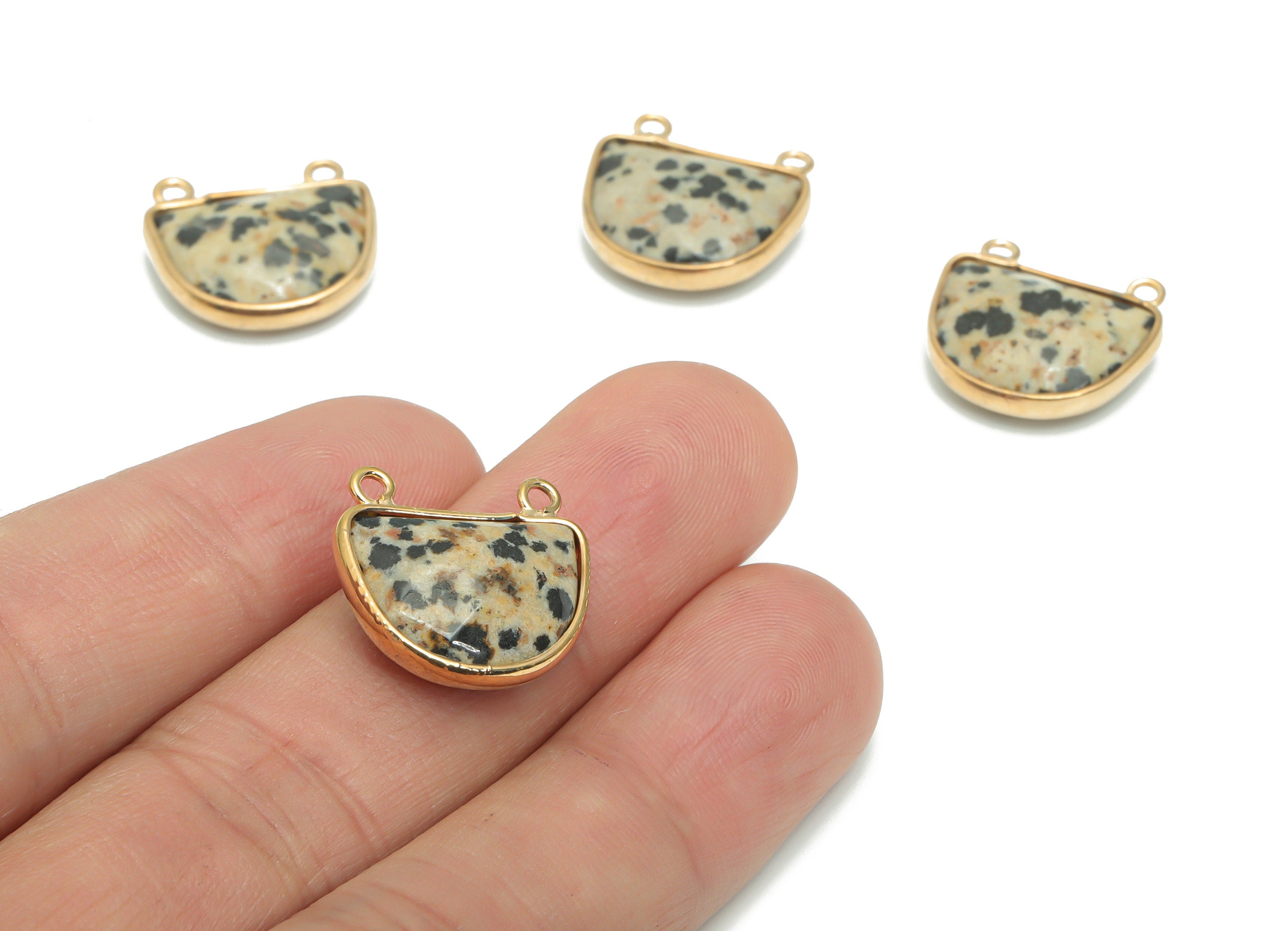 Dalmatian Jasper Stone Domed Connectors - Brass Semicircle Pendant - Natural Stone - Gold Tone Plated Brass – 17.62x16.62x6.36mm – NS1607D - DOMEDBAZAAR