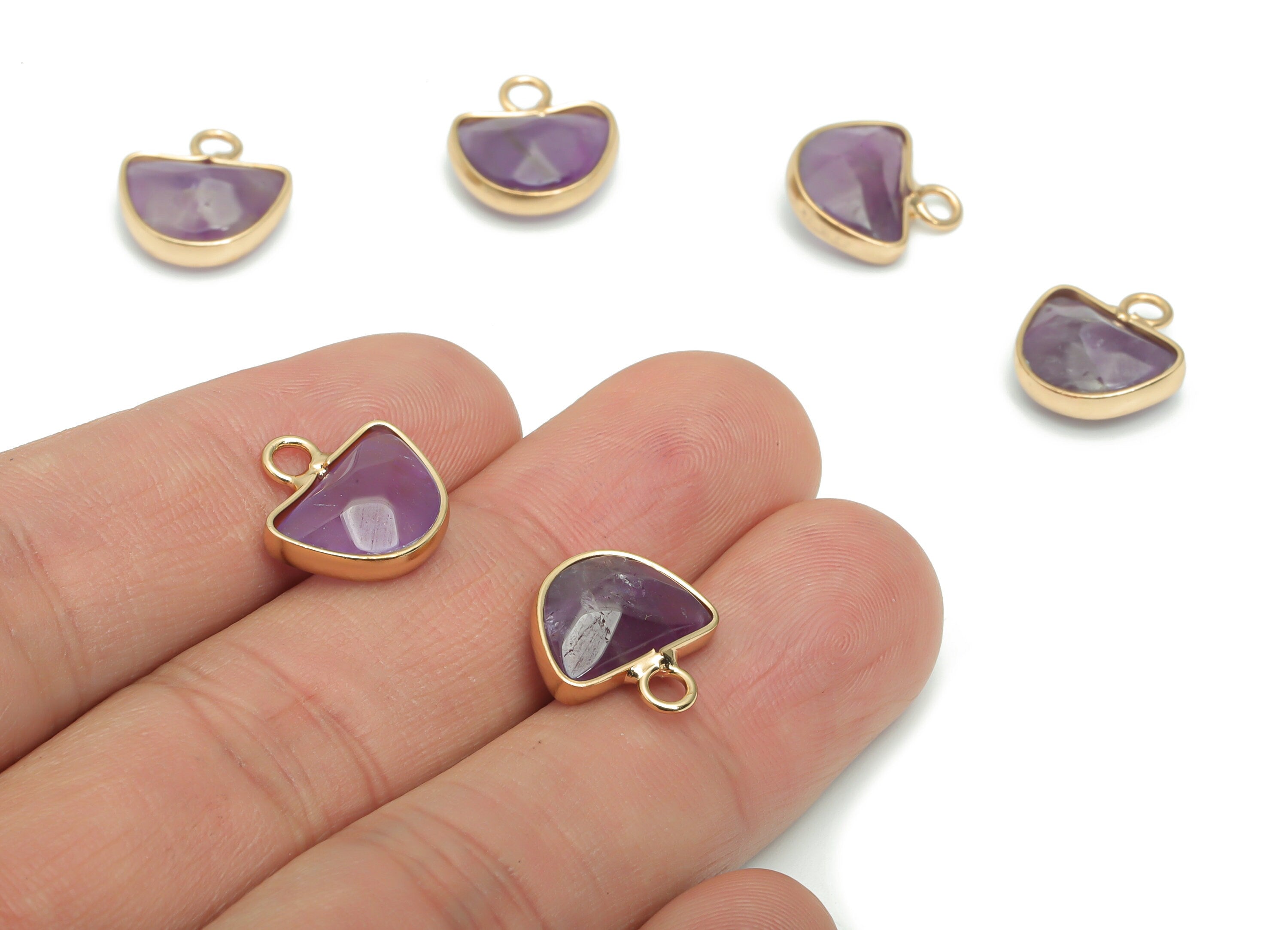 Amethyst Domed Charms - Brass Semicircle Pendant - Natural Stone - Gold Tone Plated Brass – Jewelry Supplies - 13.58x13.42x5.34mm – NS1605E - DOMEDBAZAAR