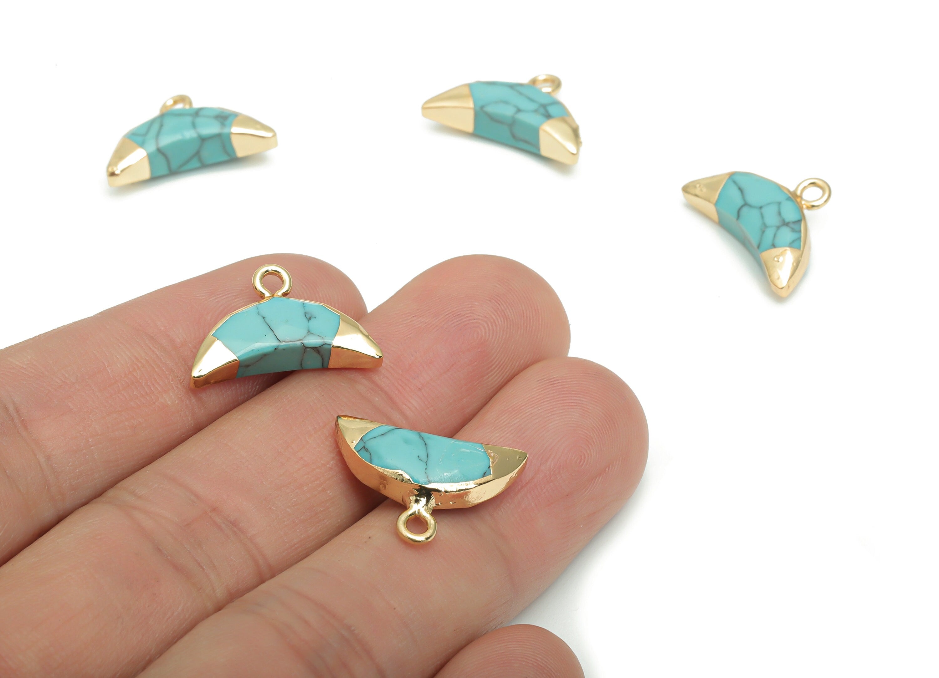 Blue Turquoise Crescent Horn Earring Charms - Brass Moon Pendant - Natural Stone - Gold Tone Plated Brass – 18.32x13.43x4.74mm – NS1617B - DOMEDBAZAAR