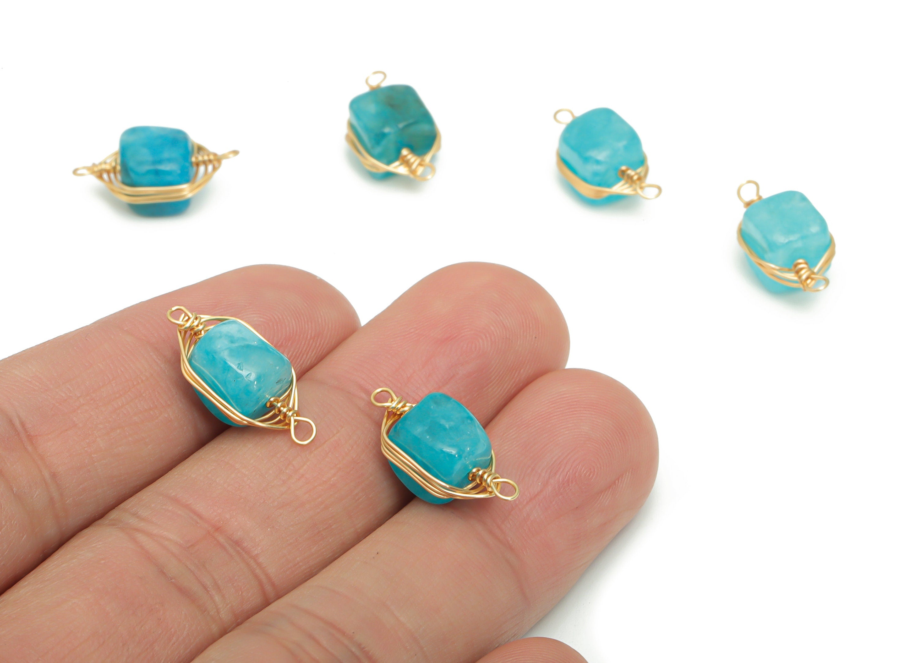 White Jade and Blue Earring Connector - Brass Square Charms - Brass Wire Wrapped -  Gold Tone Plated Brass – 18.32x7.8x7mm – NS1613C - DOMEDBAZAAR
