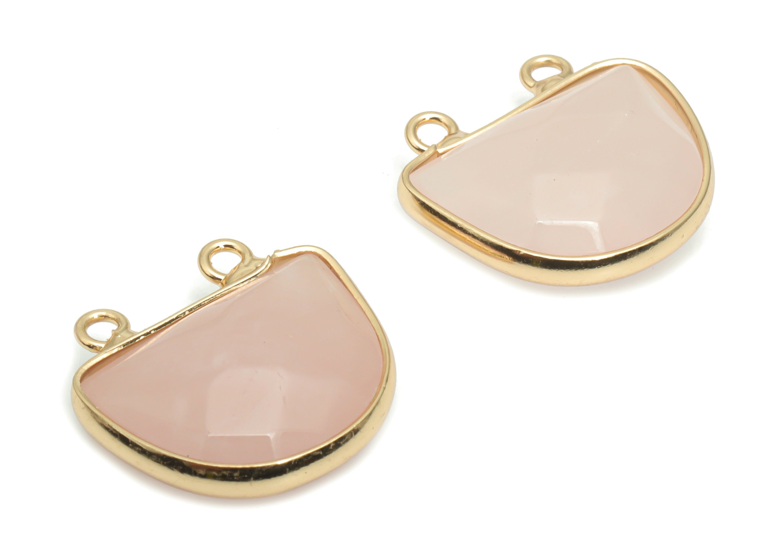 Rose Crystal Quartz Domed Faceted Stone Connectors - Brass Semicircle Pendant - Gold Tone Plated Brass – 17.62x16.62x6.36mm – NS1607B - DOMEDBAZAAR