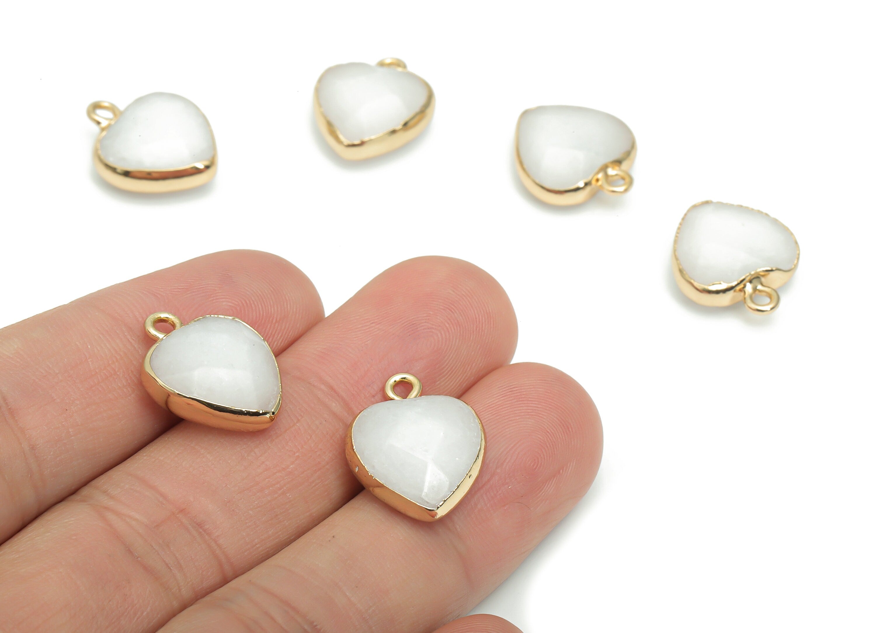 White Jade Heart Charms - Brass Wire Heart Pendant - Natural Stone - Gold Tone Plated Brass – Jewelry Supplies - 17.35x14.35x6.1mm – NS1604A - DOMEDBAZAAR