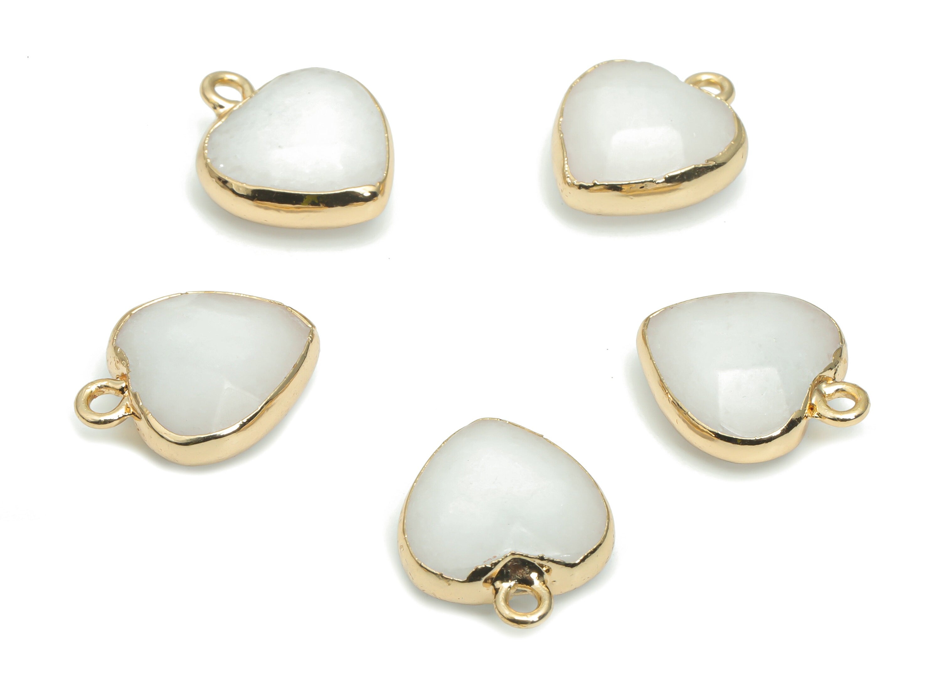 White Jade Heart Charms - Brass Wire Heart Pendant - Natural Stone - Gold Tone Plated Brass – Jewelry Supplies - 17.35x14.35x6.1mm – NS1604A - DOMEDBAZAAR