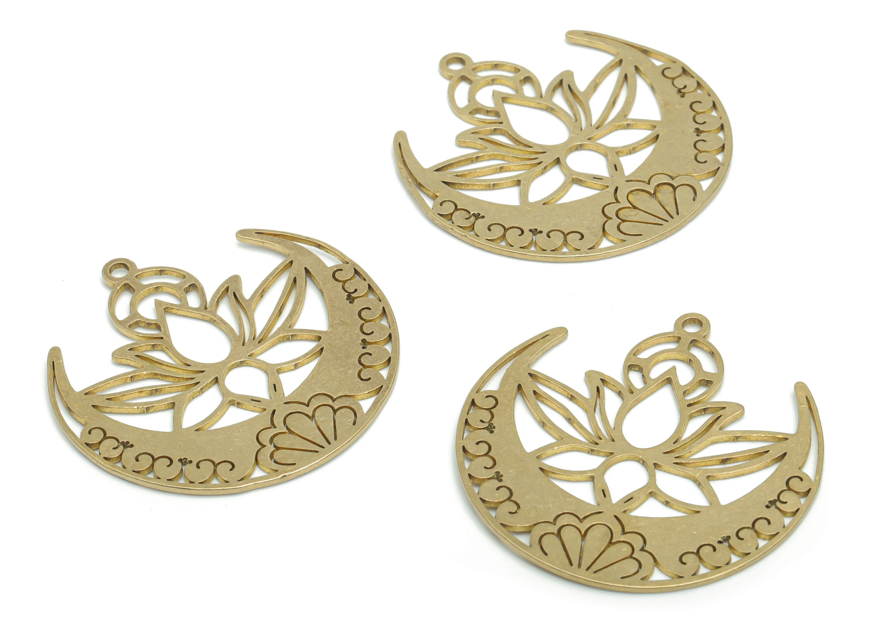 Brass Crescent Lotus Earring Charms - Raw Brass Moon Heart Flower Pendant - DIY Jewelry Making Supplies - 37.48x37.43x0.9mm - PPA1430 - DOMEDBAZAAR