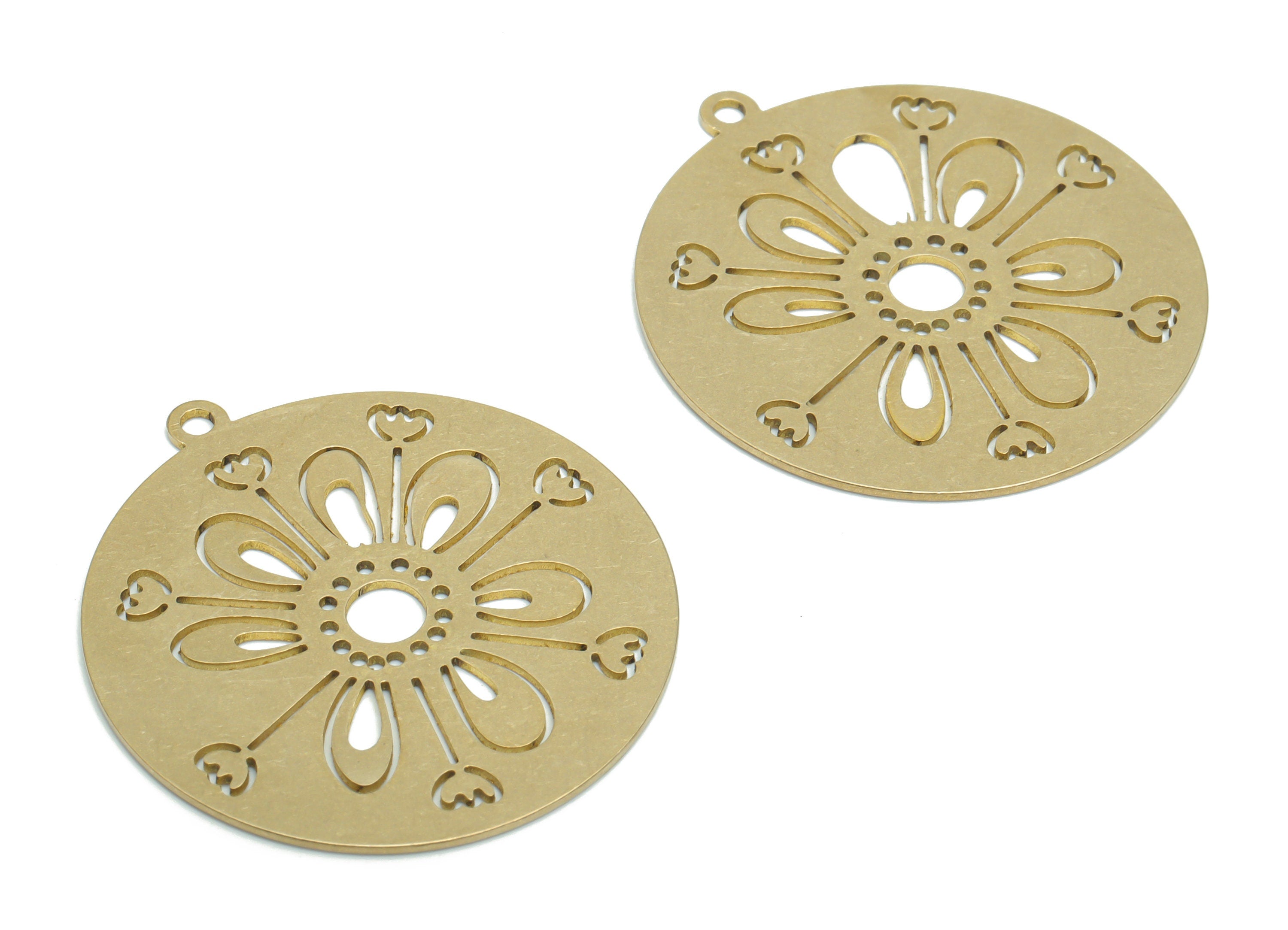 Brass Round Flower Lotus Earring Charms - Raw Brass Sun Circle Pendant - DIY Jewelry Making Supplies - 35.81x32.97x0.65mm - PPA2286 - DOMEDBAZAAR