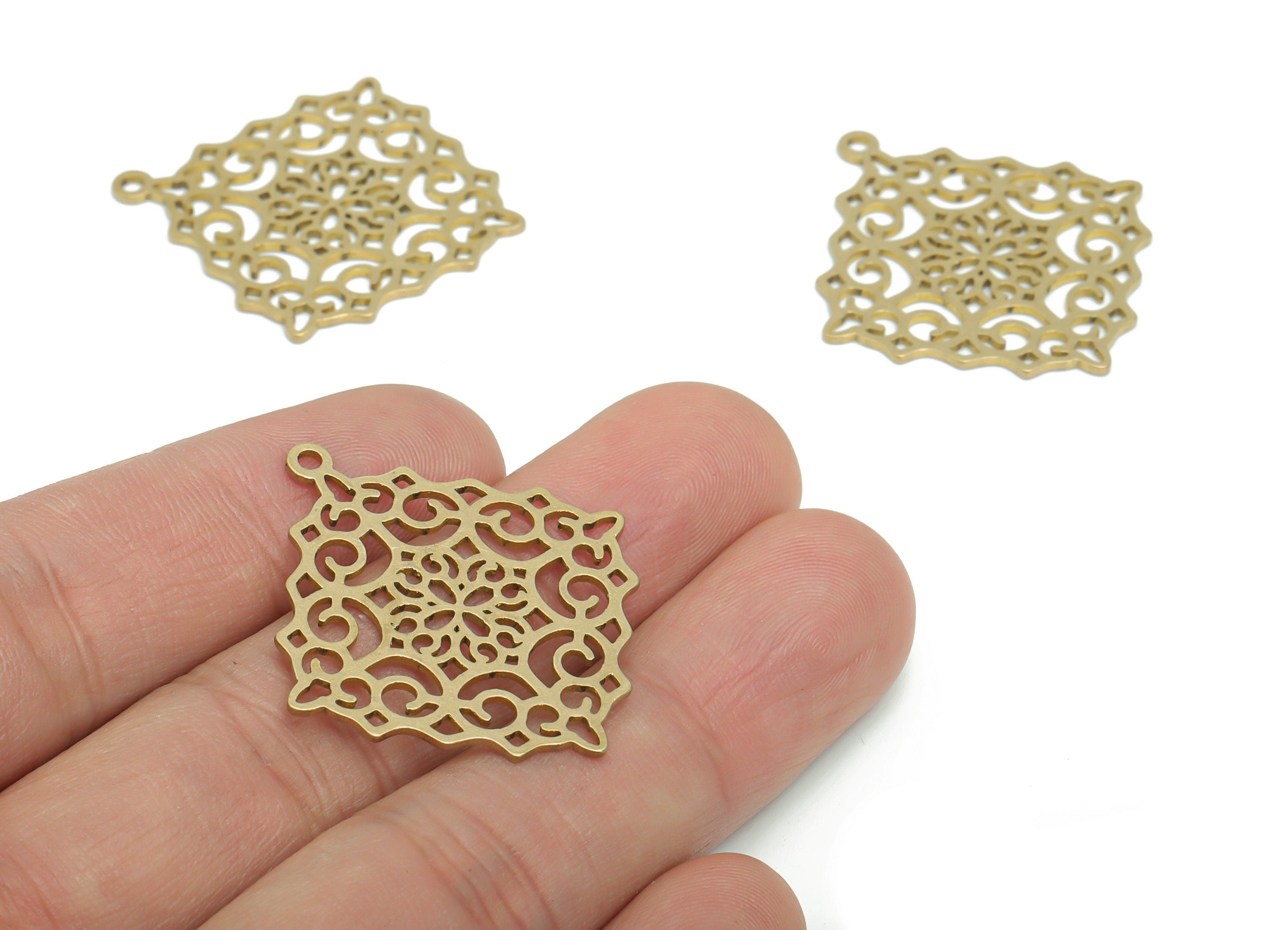 Brass Rhombic Flower Earring Charms - Raw Brass Anatolian Flower Pendant - DIY Jewelry Making Supplies - 35.69x32.64x0.86mm - PPA2276 - DOMEDBAZAAR