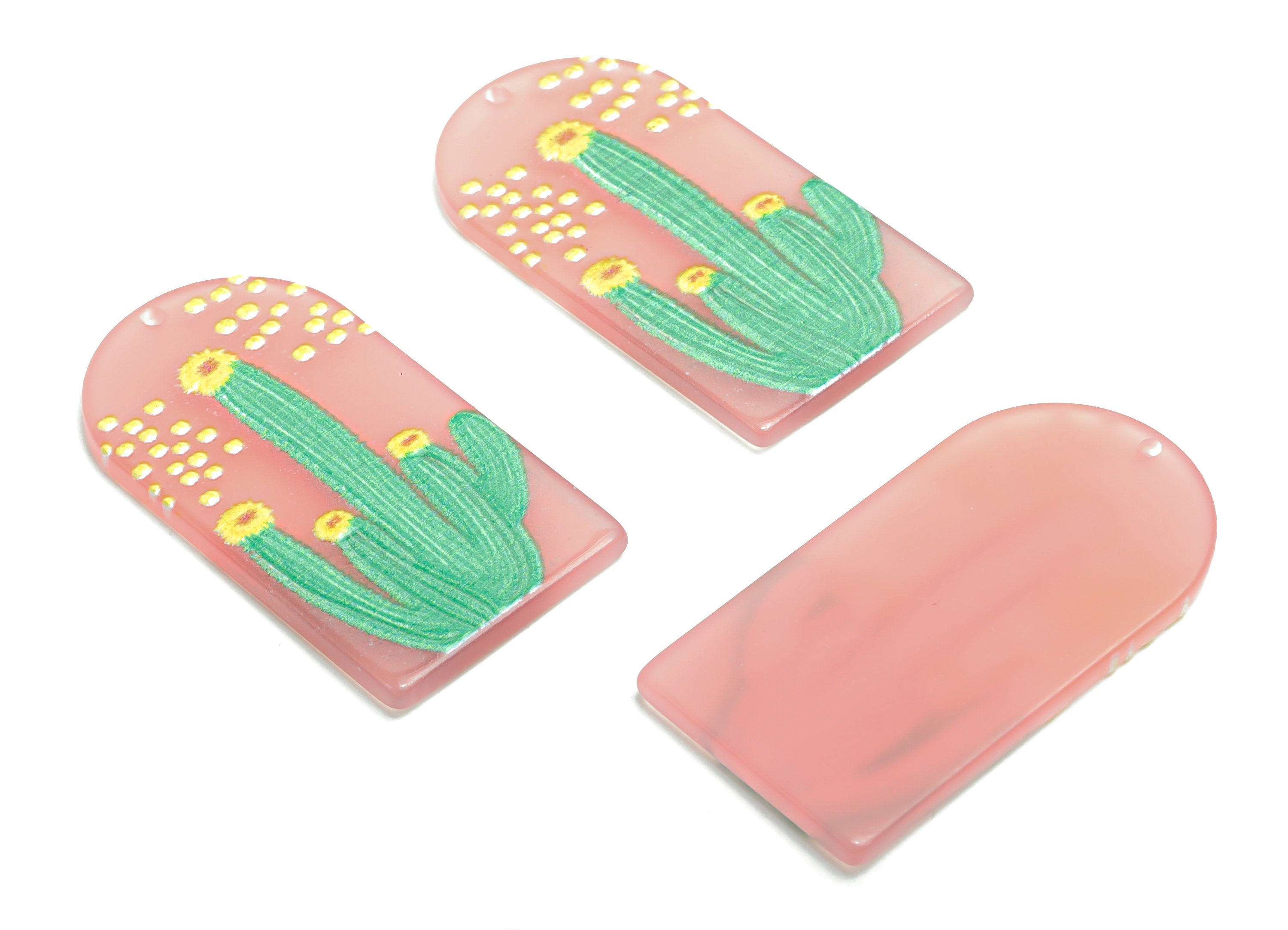Acrylic Long D Domed Cactus Earring Charms - Acrylic D Flower Pendant - Printing Textured - Jewelry Supplies - 39.58x20.94x2.07mm - AC2460N - DOMEDBAZAAR