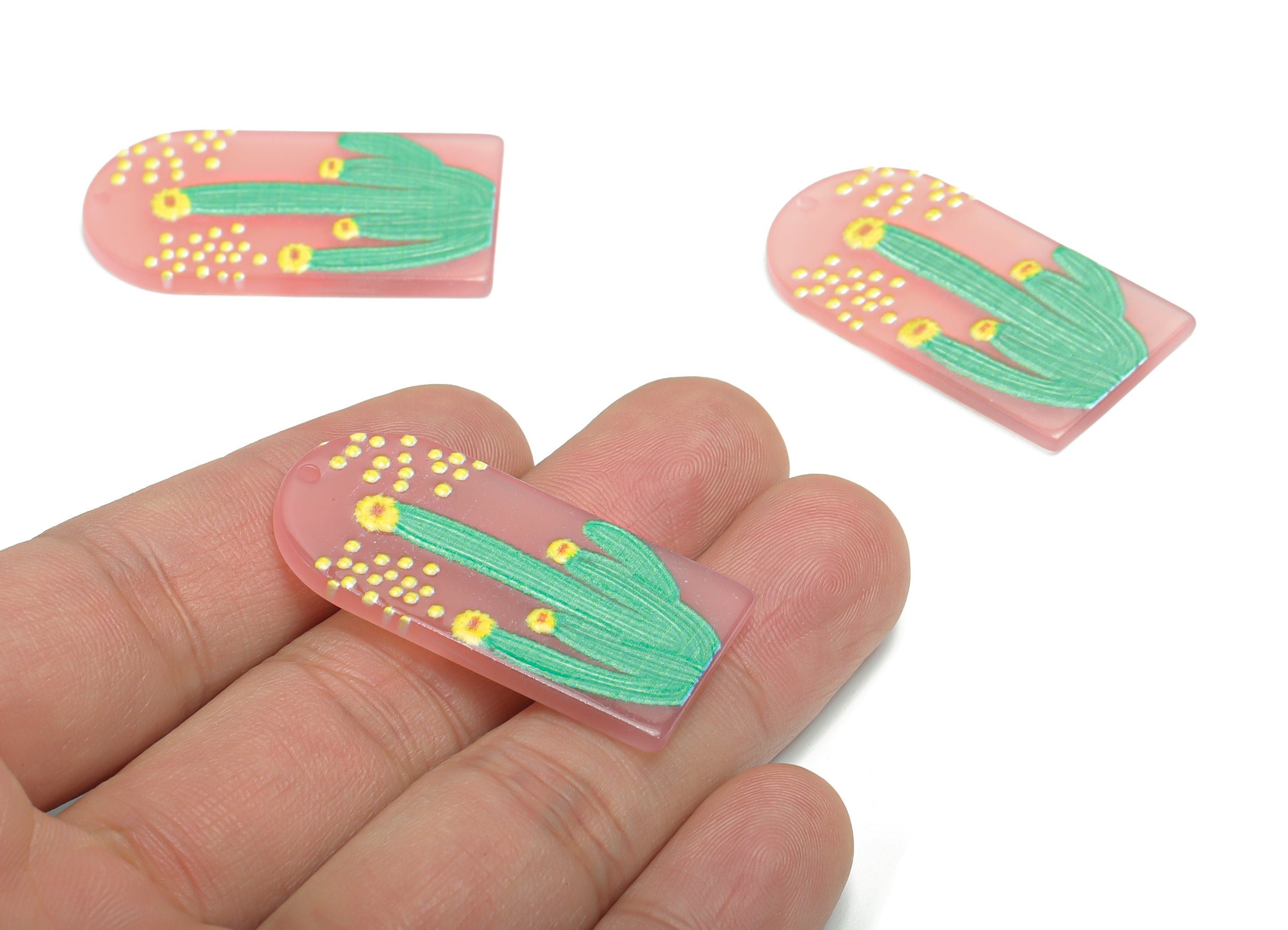Acrylic Long D Domed Cactus Earring Charms - Acrylic D Flower Pendant - Printing Textured - Jewelry Supplies - 39.58x20.94x2.07mm - AC2460N - DOMEDBAZAAR
