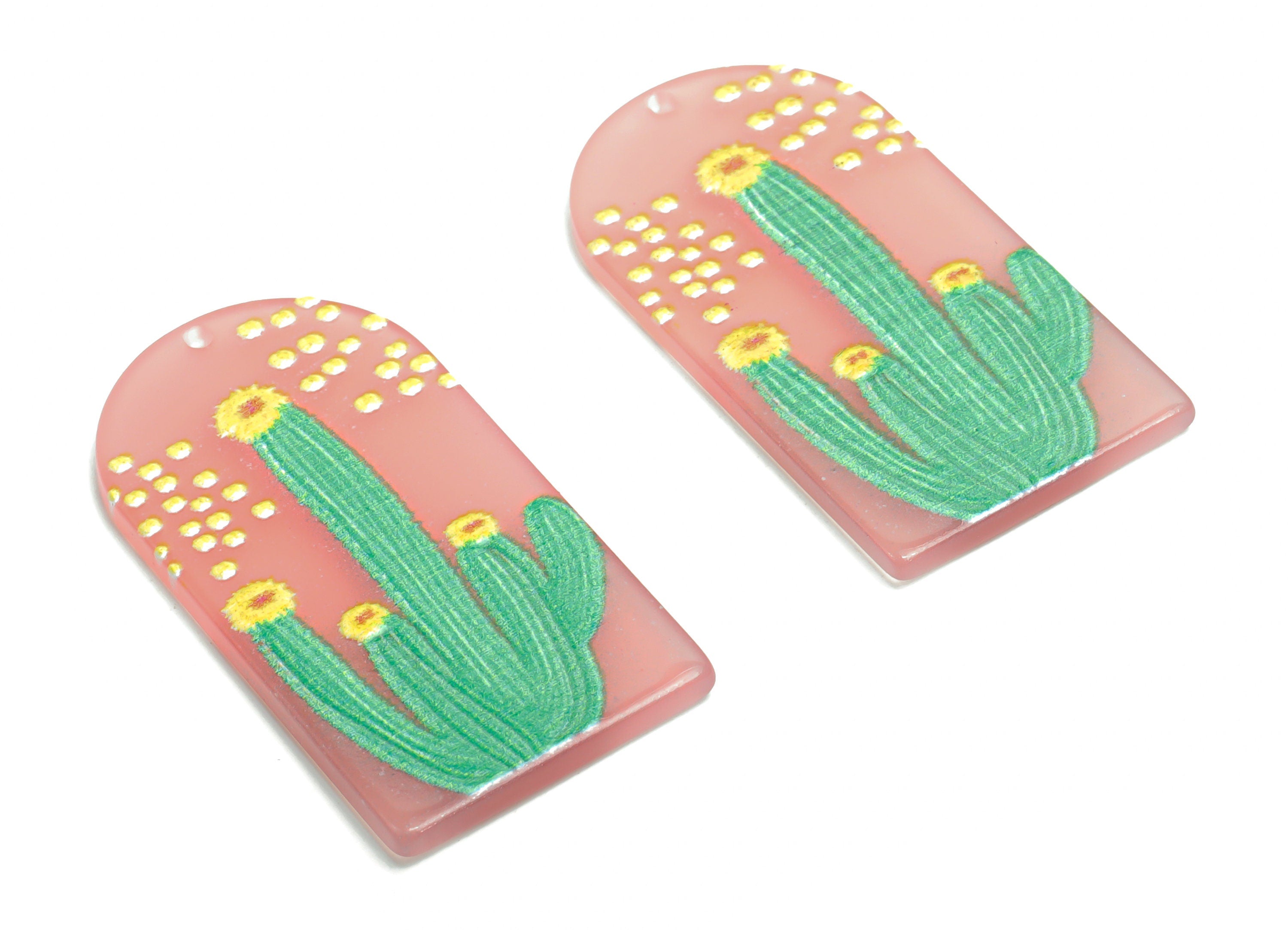 Acrylic Long D Domed Cactus Earring Charms - Acrylic D Flower Pendant - Printing Textured - Jewelry Supplies - 39.58x20.94x2.07mm - AC2460N - DOMEDBAZAAR
