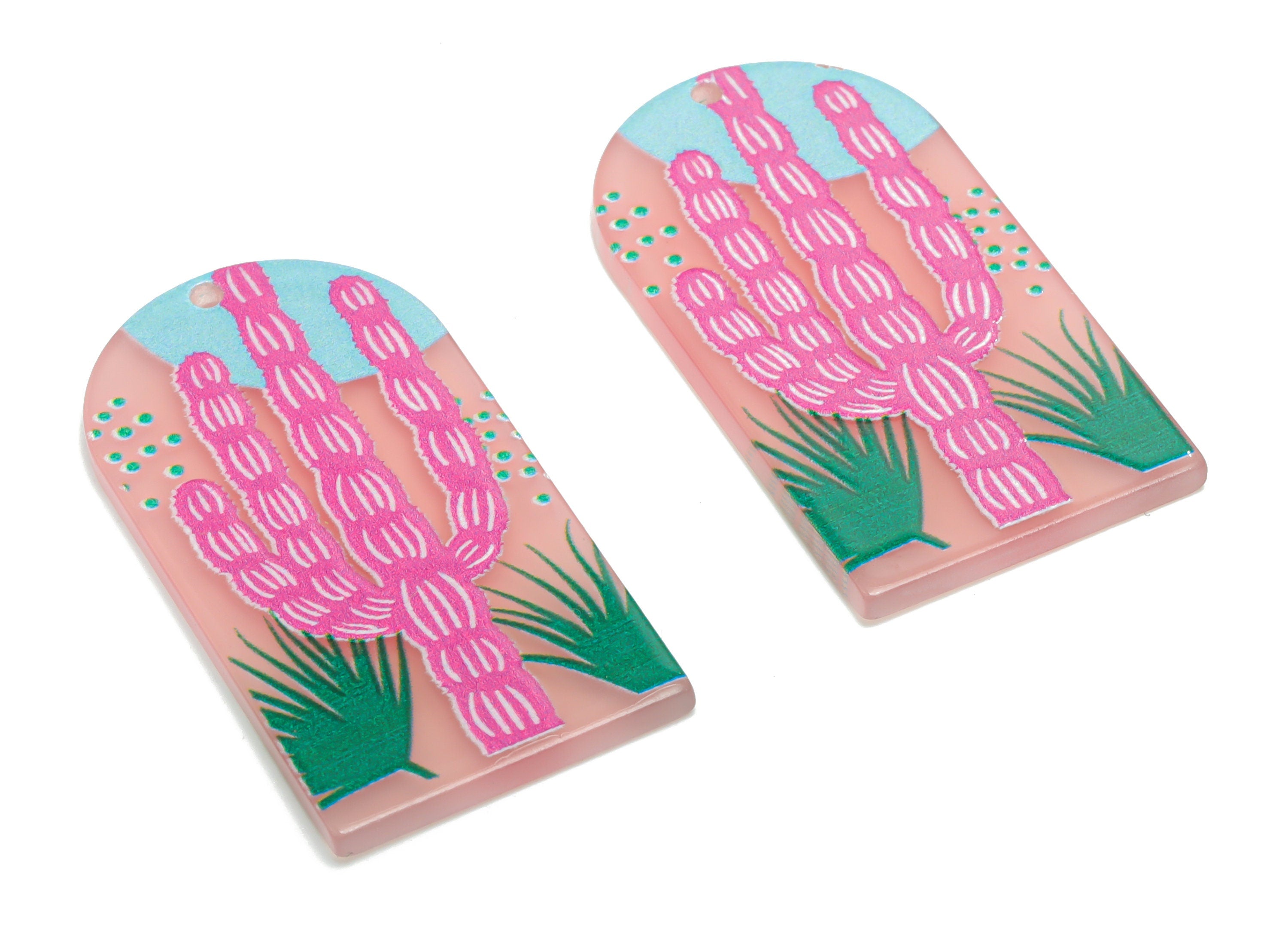 Acrylic Long D Domed Cactus Earring Charms - Acrylic D Grass Pendant - Printing Textured - Jewelry Supplies - 39.63x20.8x2.14mm - AC2460A - DOMEDBAZAAR