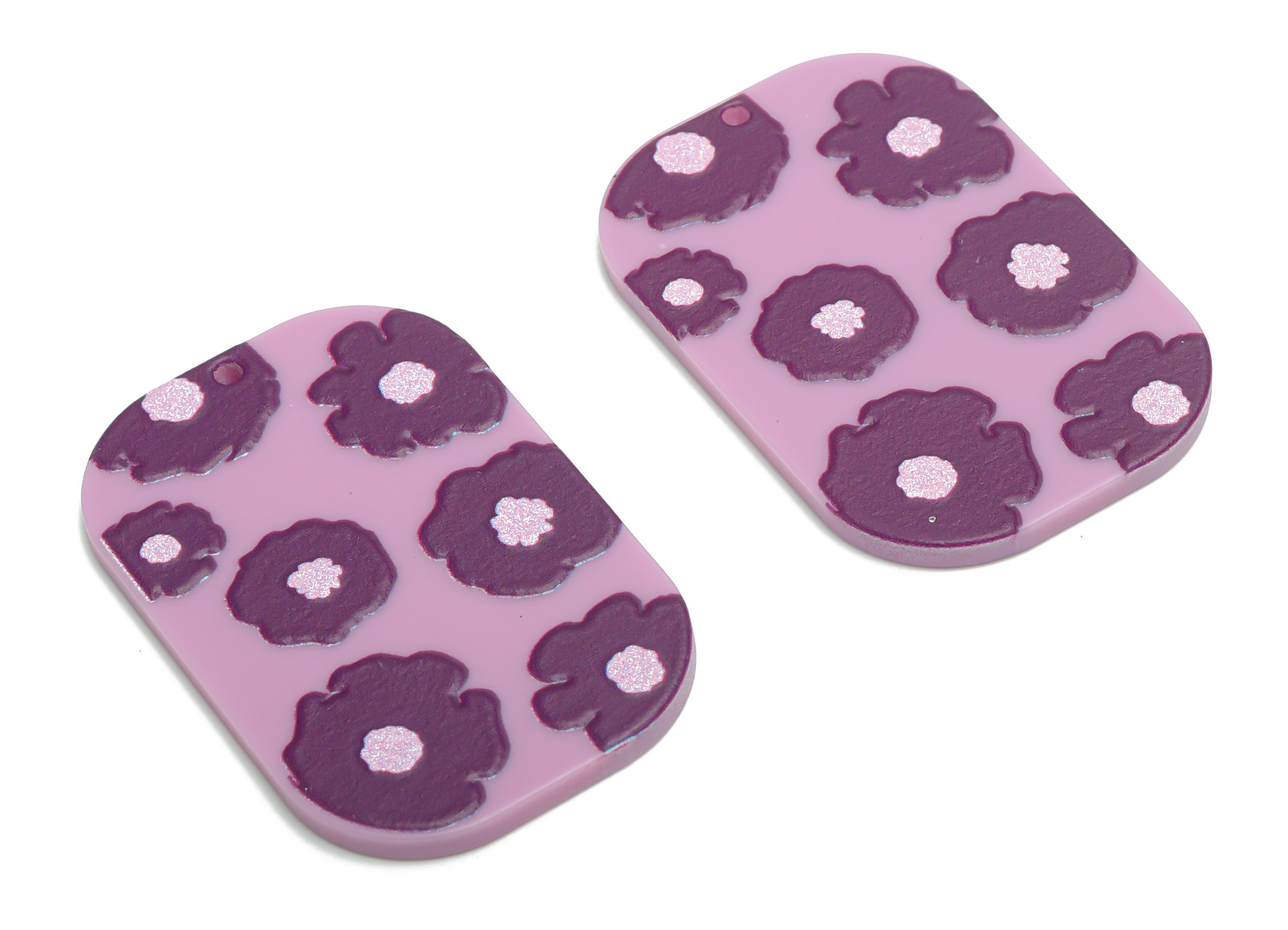 Acrylic Oval Rectangle Flower Earring Charms - Acrylic Flower Rectangle Pendant - Printing Textured - 39.45x26.12x2.22mm - AC2458D - DOMEDBAZAAR