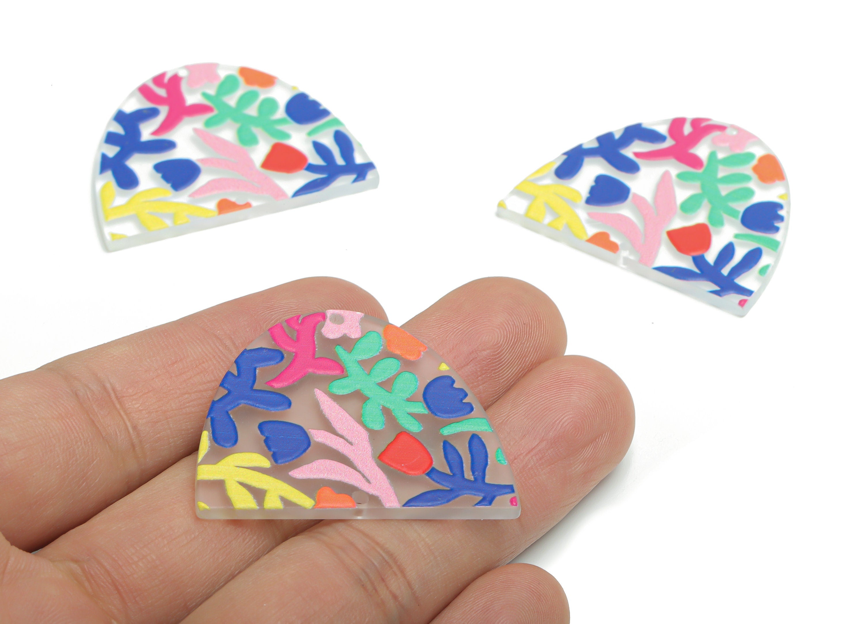 Acrylic Semi Oval Domed Leaf Flower Earring Connectors - Acrylic Half Oval Flower Charms - Printing Textured - 39.53x32.69x2.18mm - AC2465 - DOMEDBAZAAR
