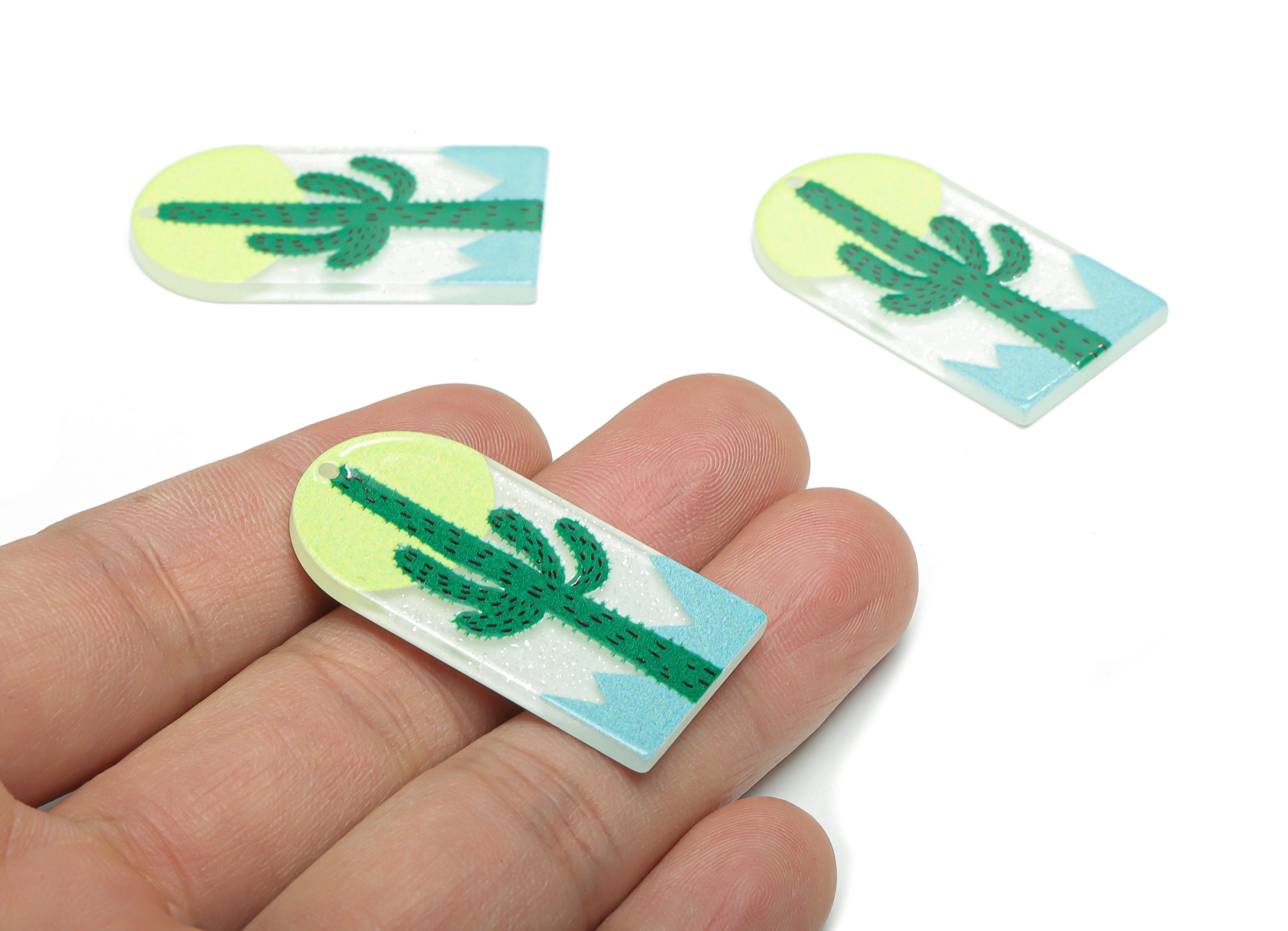 Acrylic Long D Domed Cactus Earring Charms - Acrylic D Mountain Pendant - Printing Textured - Jewelry Supplies - 39.58x20.94x2.1mm - AC2460T - DOMEDBAZAAR