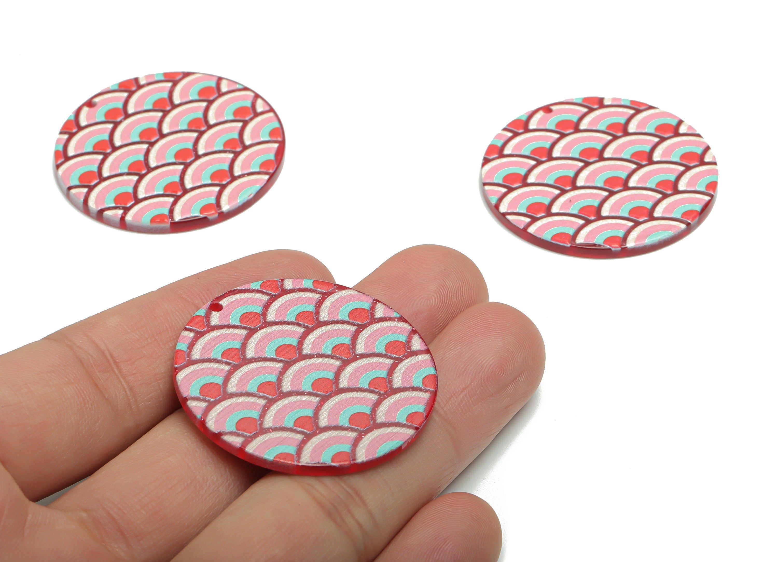 Acrylic Round Rainbow Earring Charms - Acrylic Semicircle Circle Pendant - Printing Textured - Jewelry Supplies - 37.68x37.7x2.3mm - AC2453C - DOMEDBAZAAR
