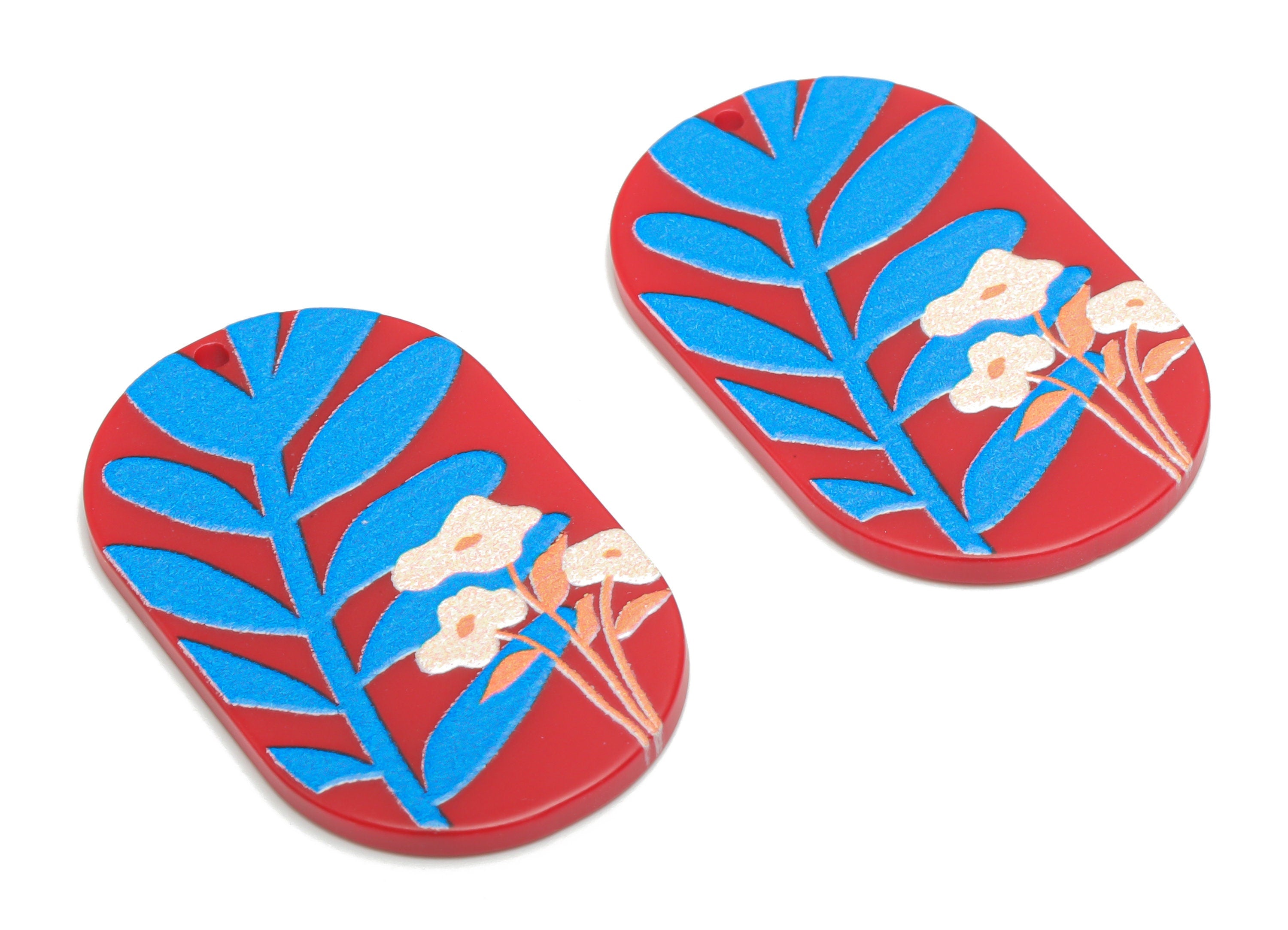 Acrylic Oval Flower Leaves Earring Charms - Acrylic Oval Flower Leaf Pendant - Printing Textured - Jewelry Supplies - 39.6x24.3x3mm- AC2459A - DOMEDBAZAAR